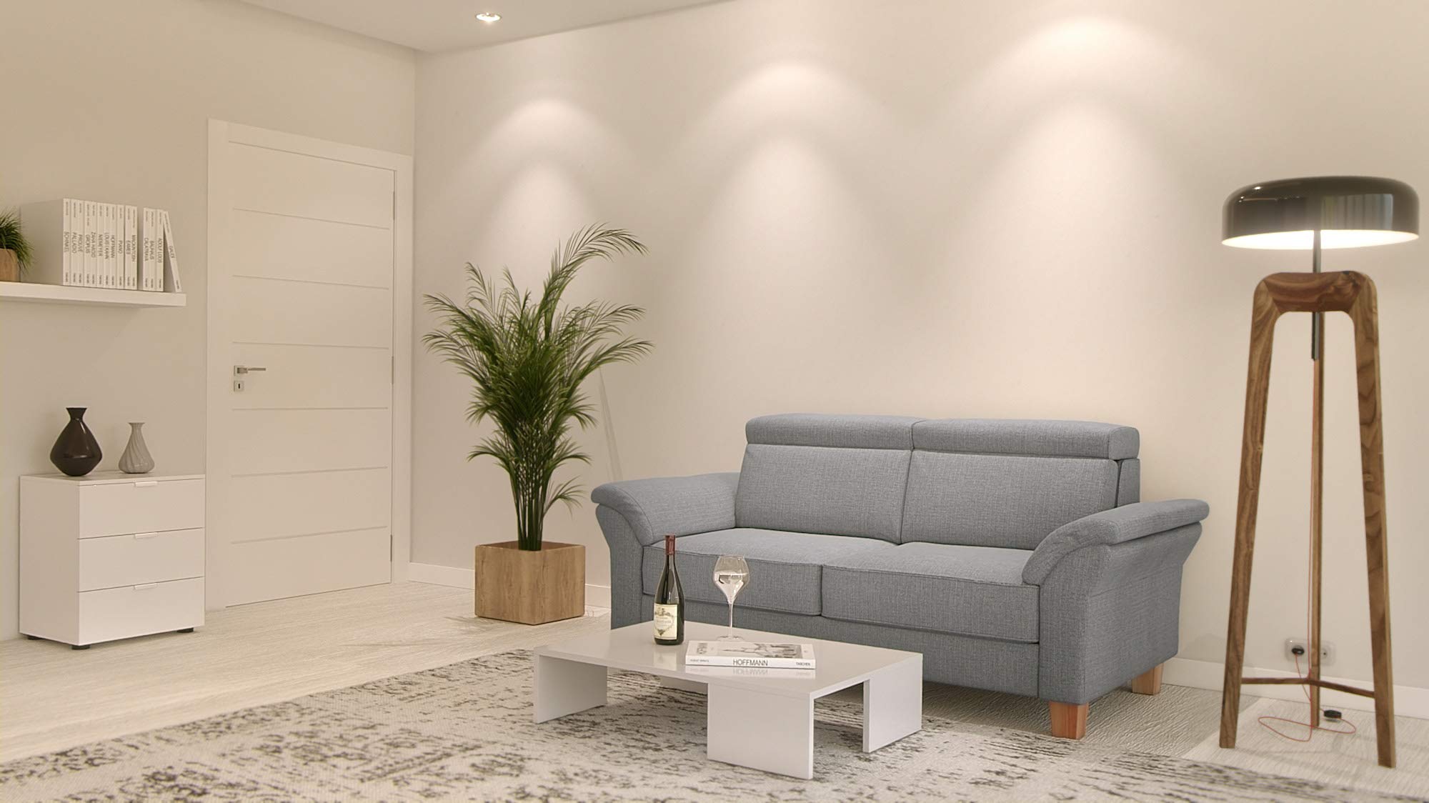Cavadore 3-Sitzer Sofa Ammerland / Couch mit Federkern im Landhausstil / Inkl. verstellbaren Kopfstützen / 186 x 84 x 93 / Strukturstoff hellgrau