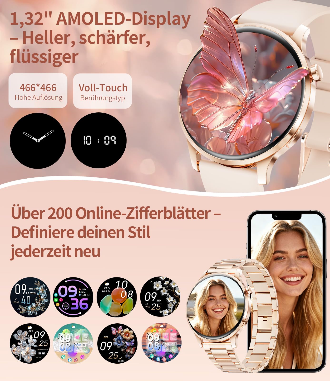 SUNKTA Smartwatch Damen mit Telefonfunktion 7,9mm Dünn 1.32" AMOLED Elegant Edelstahl Smart Watch Frauen für Android iOS,Herzfrequenz,Schlafmonitor,Menstruationszyklus,100+ Sportmodi,Roségold