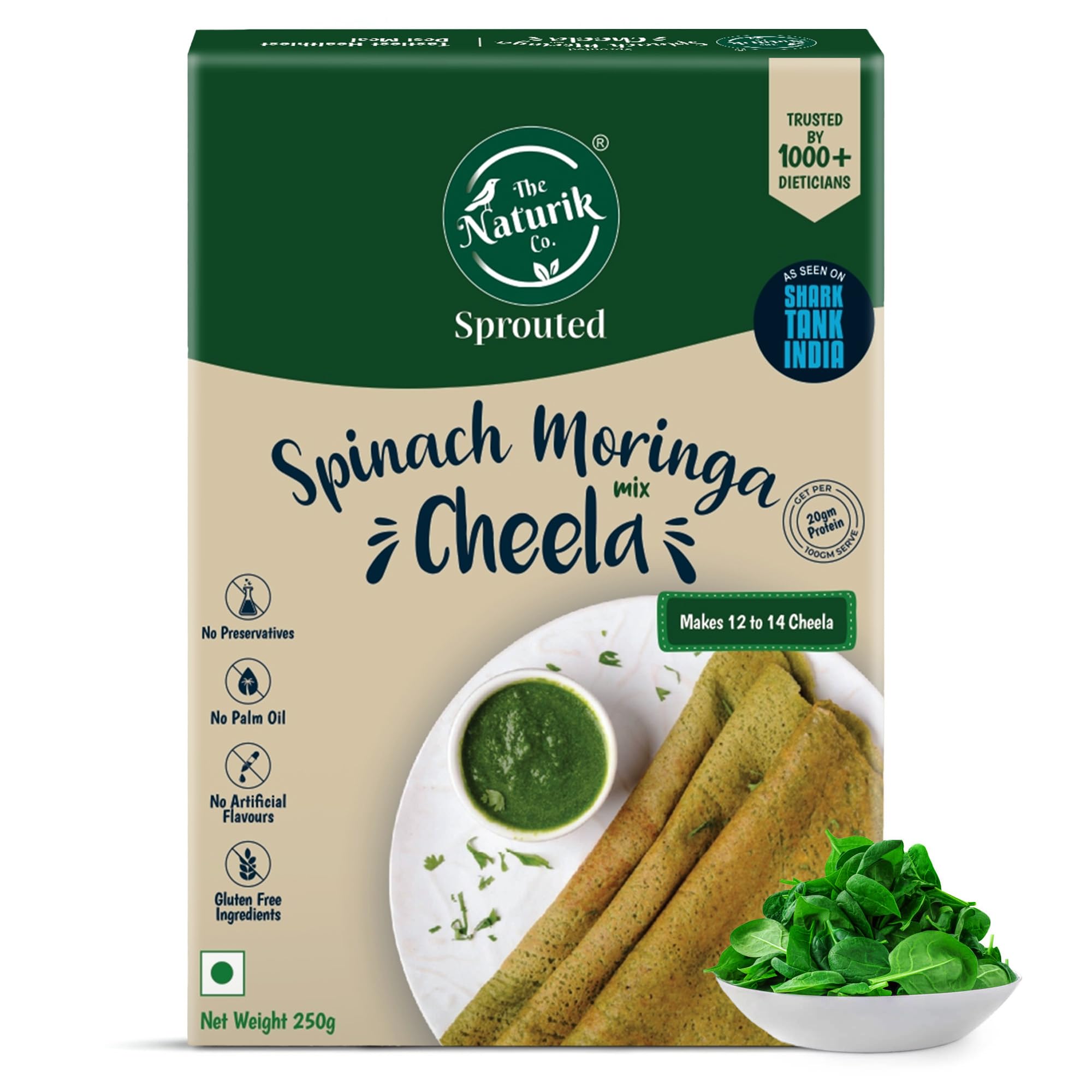 The Naturik Co Spinach Moringa Cheela Mix 250g - Ready to Cook Chilla/Dosa Mix| Healthy & Instant Breakfast | Anytime Snack for Kids and Family | As Seen On Shark Tank