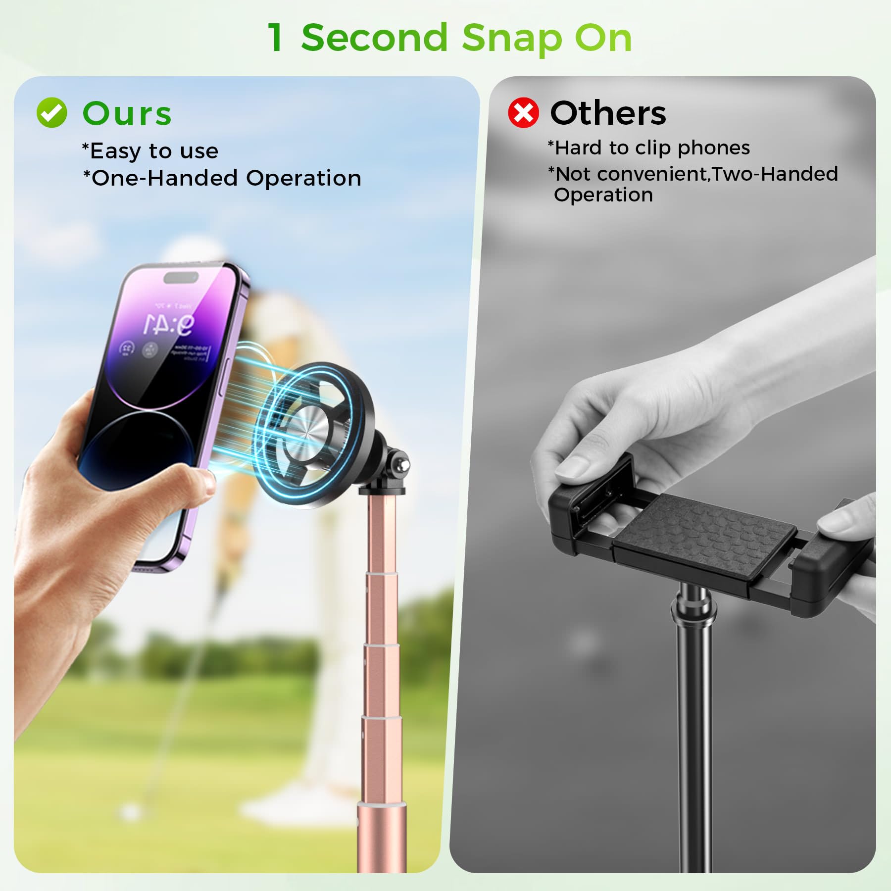 Perche à selfie de golf avec piquet et trépied, support magnétique MagSafe pour téléphone, rotation à 360°, perche réglable de 73 à 119,4 cm pour enregistrement de swing, entraînement de