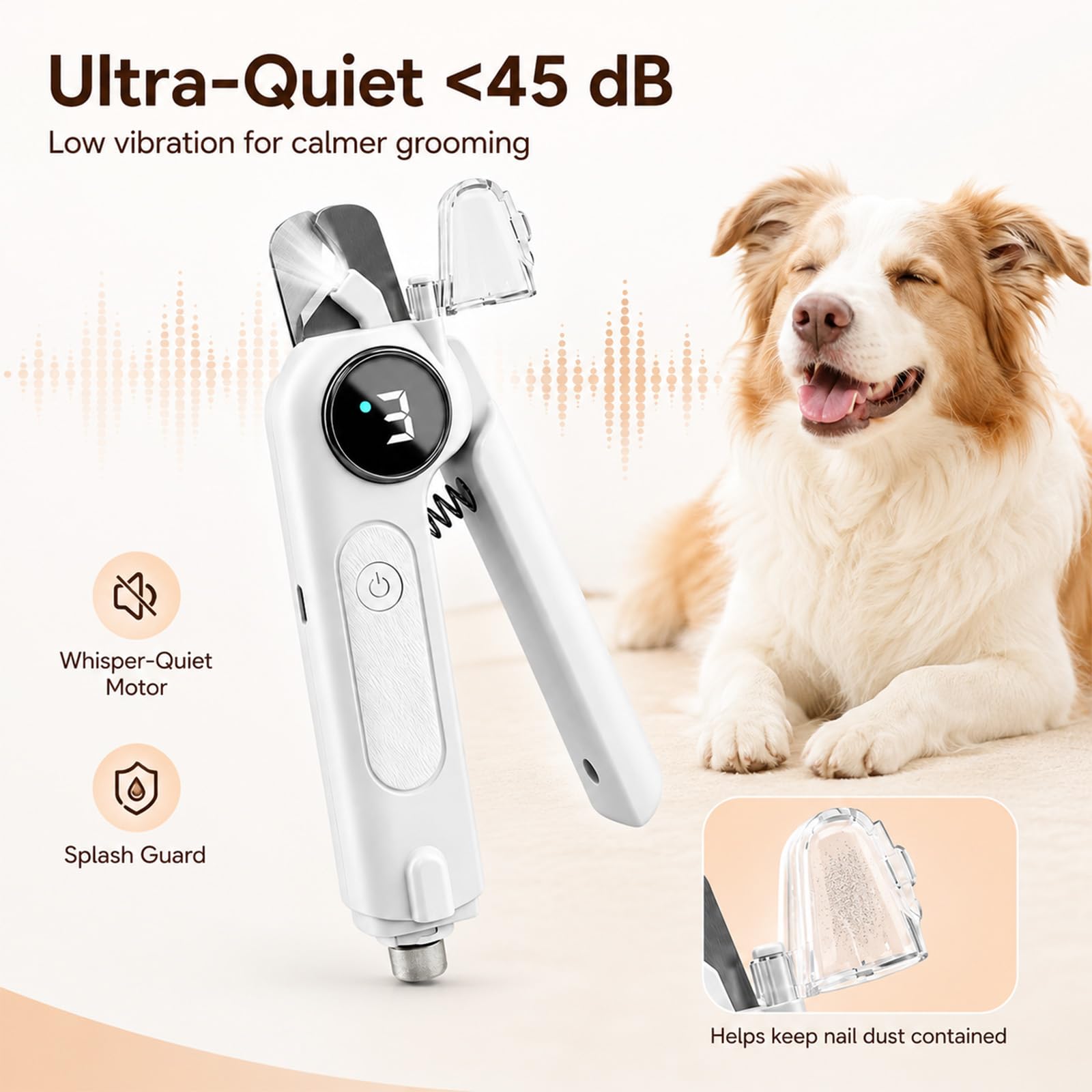 Tagliaunghie 2 in 1 per animali domestici, con luce LED, silenzioso, ricaricabile USB-C, per cani, gatti, cuccioli e gattini