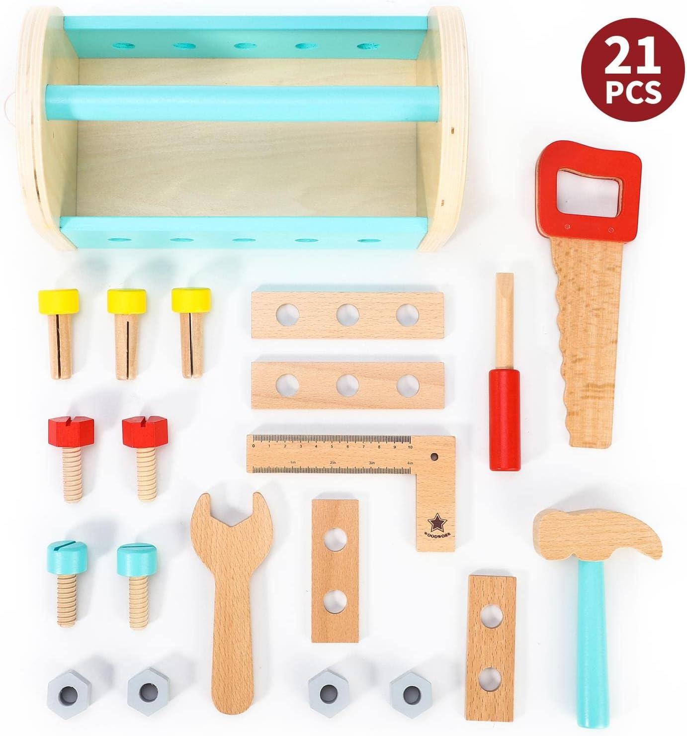SOKA My First Toolbox Carpenter Wooden Building Tools Play Set Construction Wood Craft Pretend Play Builder Woodwork Preschool Learning Toy for Kids Children Boys Girls Ages 3 year old + - Image 4
