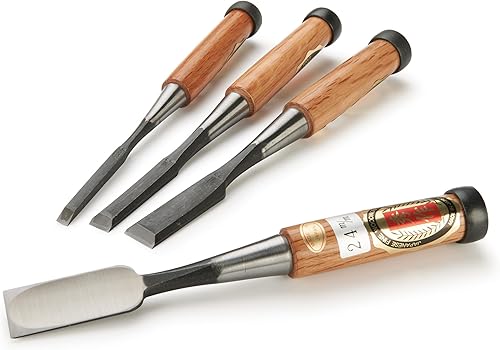 Miniatura 2 de Ioroi - Juego de 4 cinceles japoneses para banco (0.236 in, 0.472 in, 0.709 in, 0.945 in), hoja de acero de alto carbono, mango de madera, cinceles