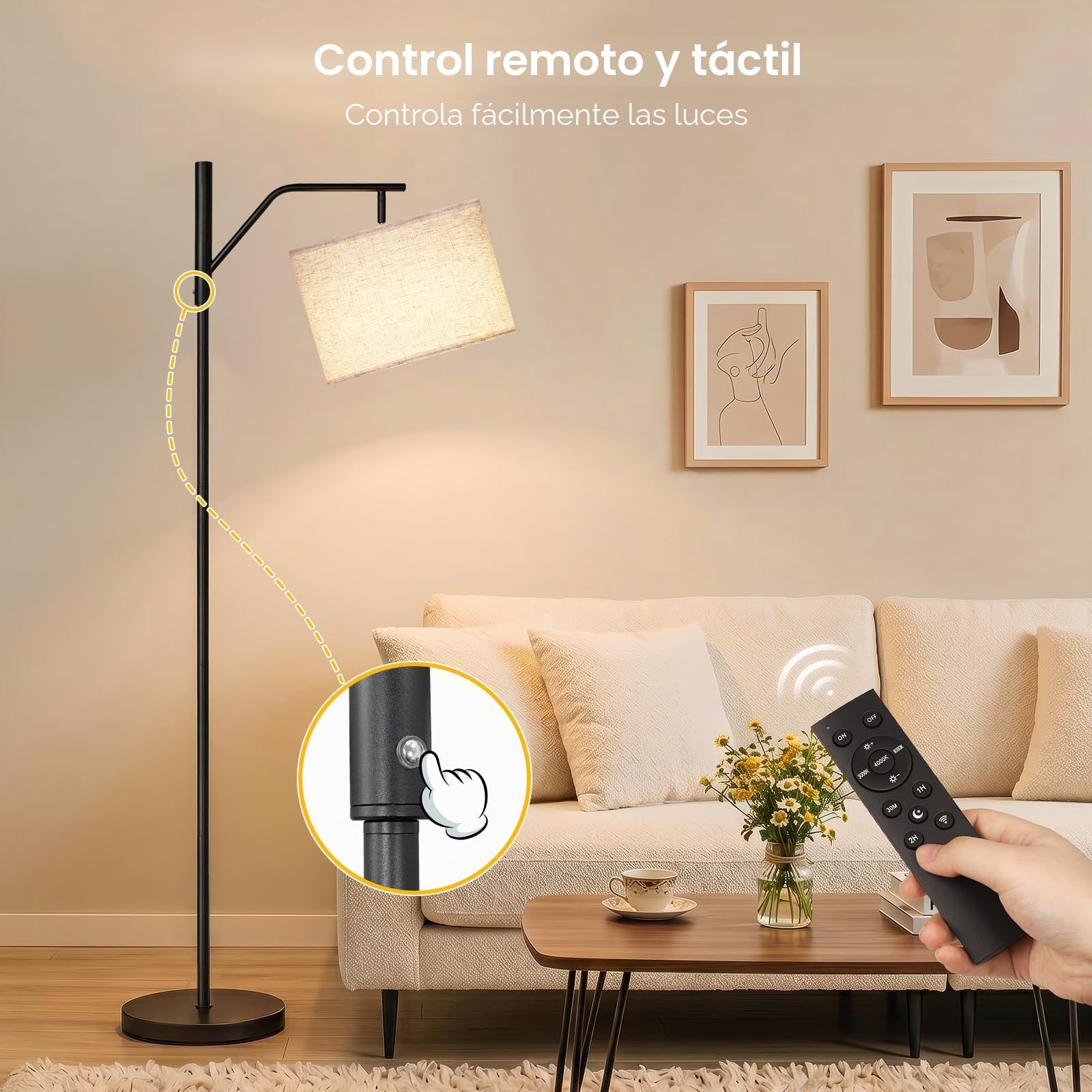 TaoFiaCo 168CM Lámpara de Pie LED Recargable para Salón con Mando a Distancia Beige - Lámpara de Arco Moderna 3 Temperaturas de Color - Lámpara de Pie para Dormitorio Oficina - Incluye Bombilla LED