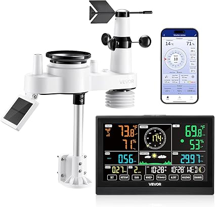 VEVOR 7-in-1 Wi-Fi Weather Station with APP, 7.5-Inch VA Display, Wireless Solar Powered Outdoor Sensor, Rain Gauge, Indoor Outdoor for Weather Forecast, Wind Speed, Temperature, Humidity, Rainfall