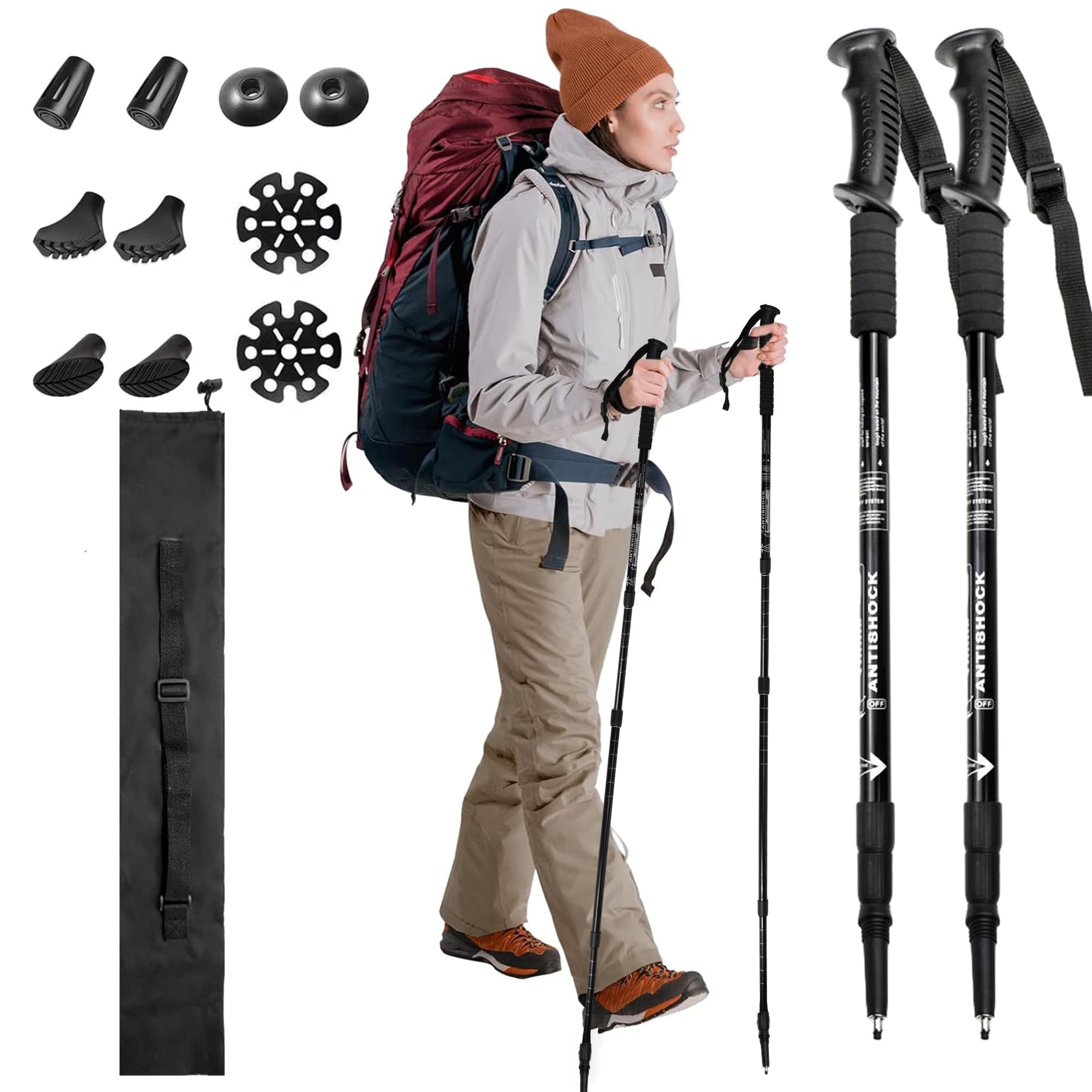 RONLADO 2 Pieces Trekking Poles, Adjustable Hiking Poles 135 cm with All-Terrain Accessories, Strong and Light, High Strength Aluminium Alloy, Suitable for Mountaineering, Hiking