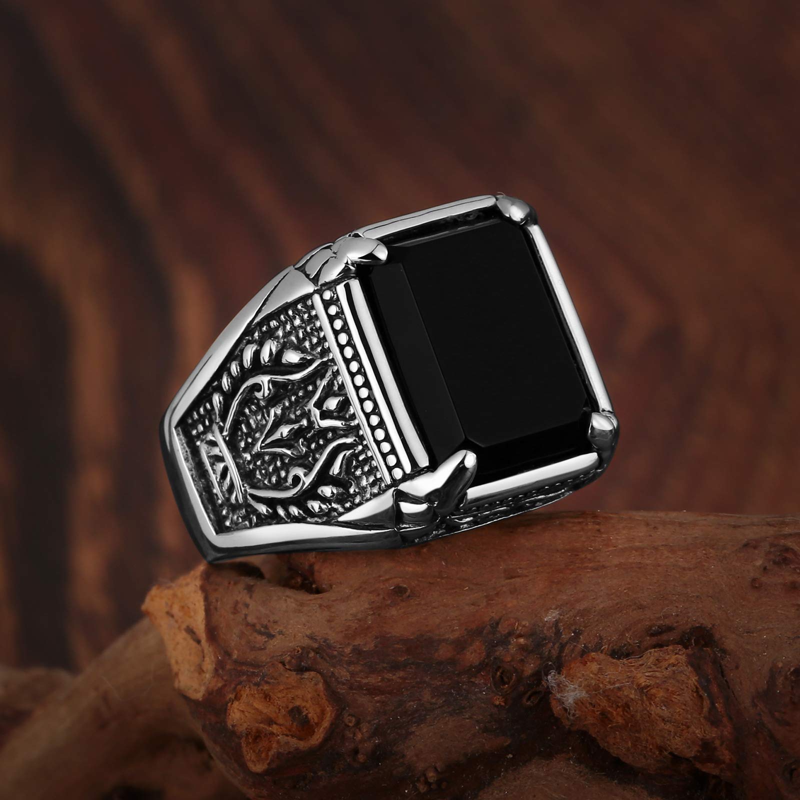 KnSam Anello Agata Nero Argento 925 Anello Intagliato Fantasia Uomo, Argento sterling