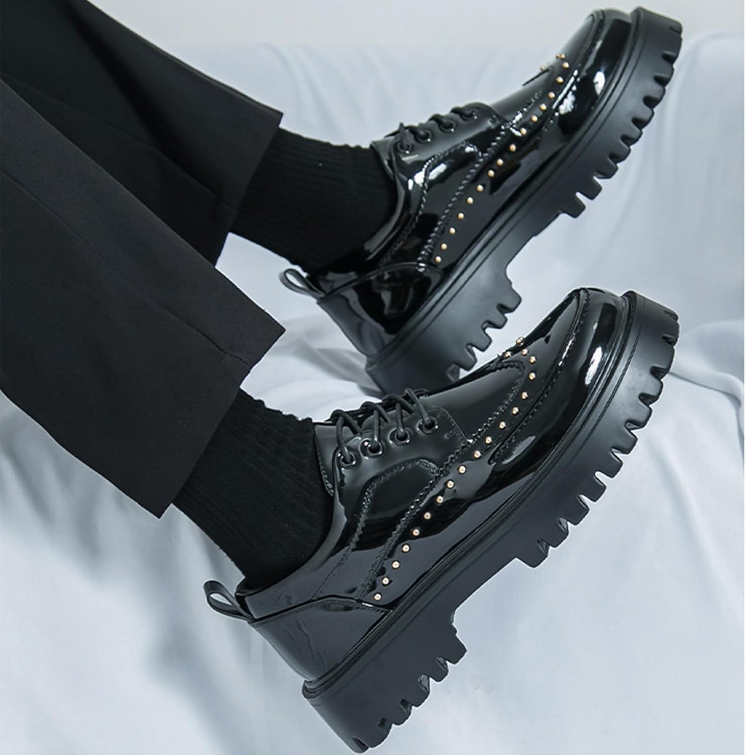 Men's Patent Leather Platform Dress Shoes Classic Round Toe Thick Lug Sole Lace Up Oxfords Comfort Block Heel Derby Business Casual Shoes - Image 4