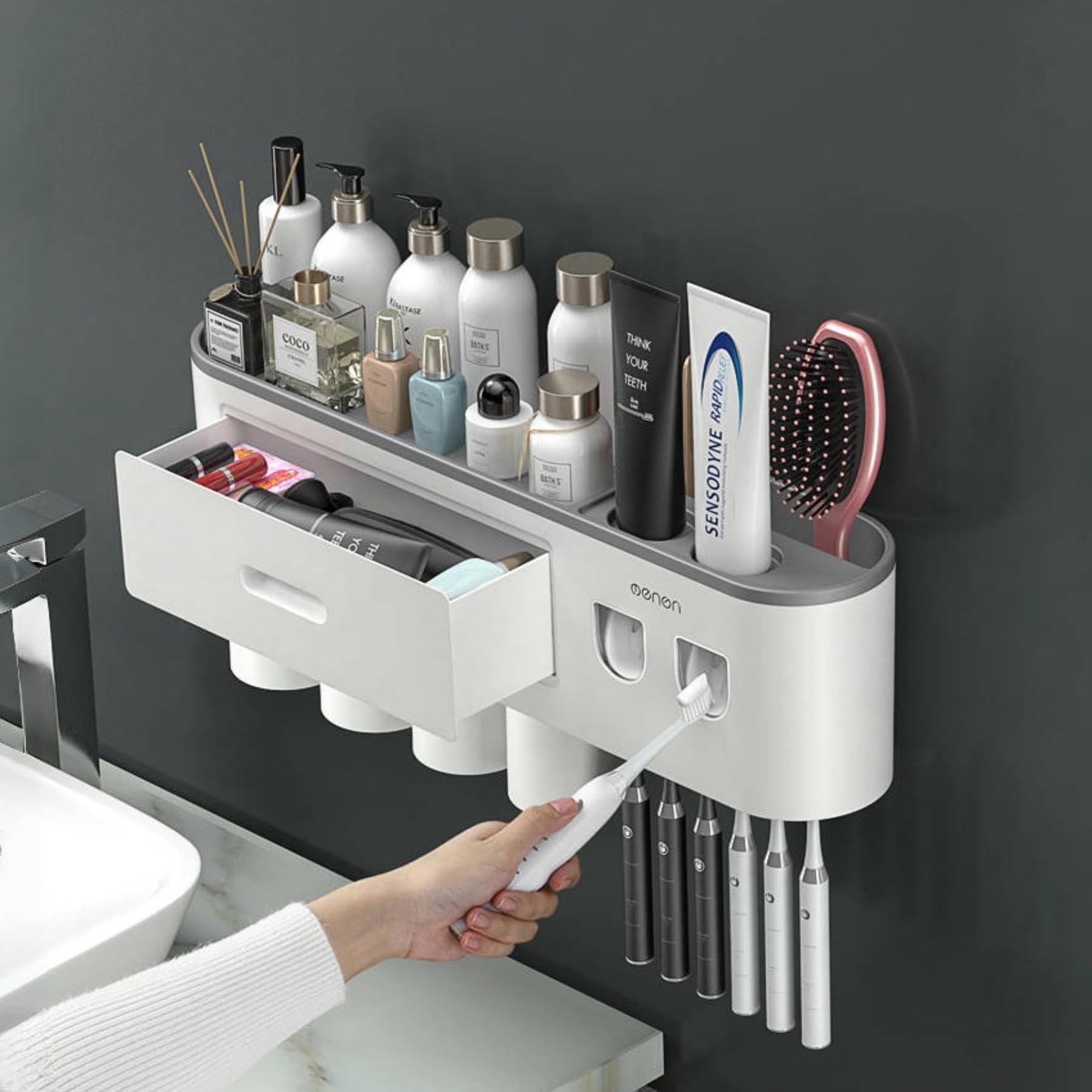 Soporte para cepillo de dientes montado en la pared sin taladro, estante de baño, con dispensadores automáticos de pasta de dientes, 6 ganchos para cepillo, tazas magnéticas, 1 organizador
