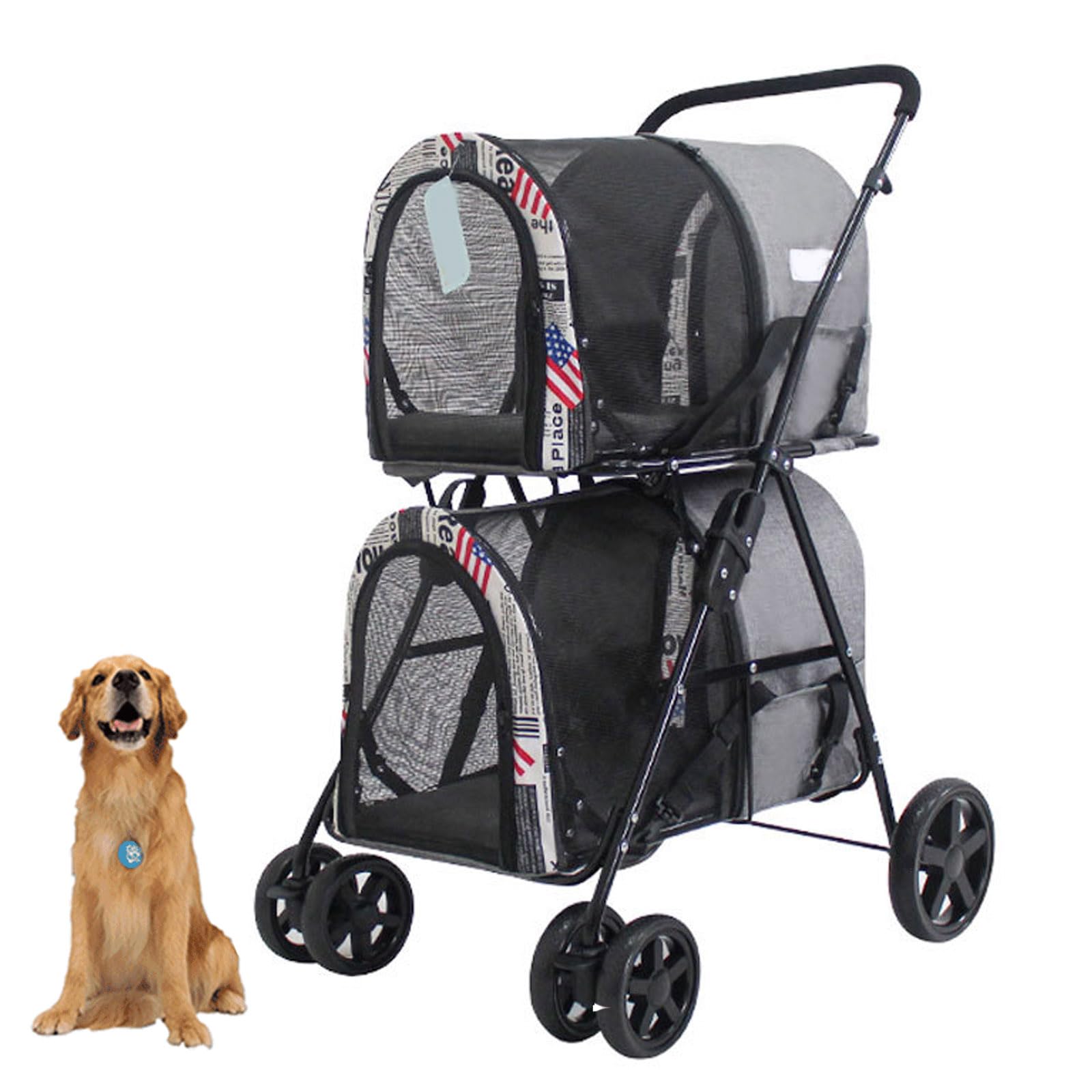 YPDOPORA Cochecito Plegable para Mascotas De Dos Pisos, Cochecito para Perros De 4 Ruedas para Perros Grandes O 2, Cochecito para Perros con Bolsillo Pequeño,A