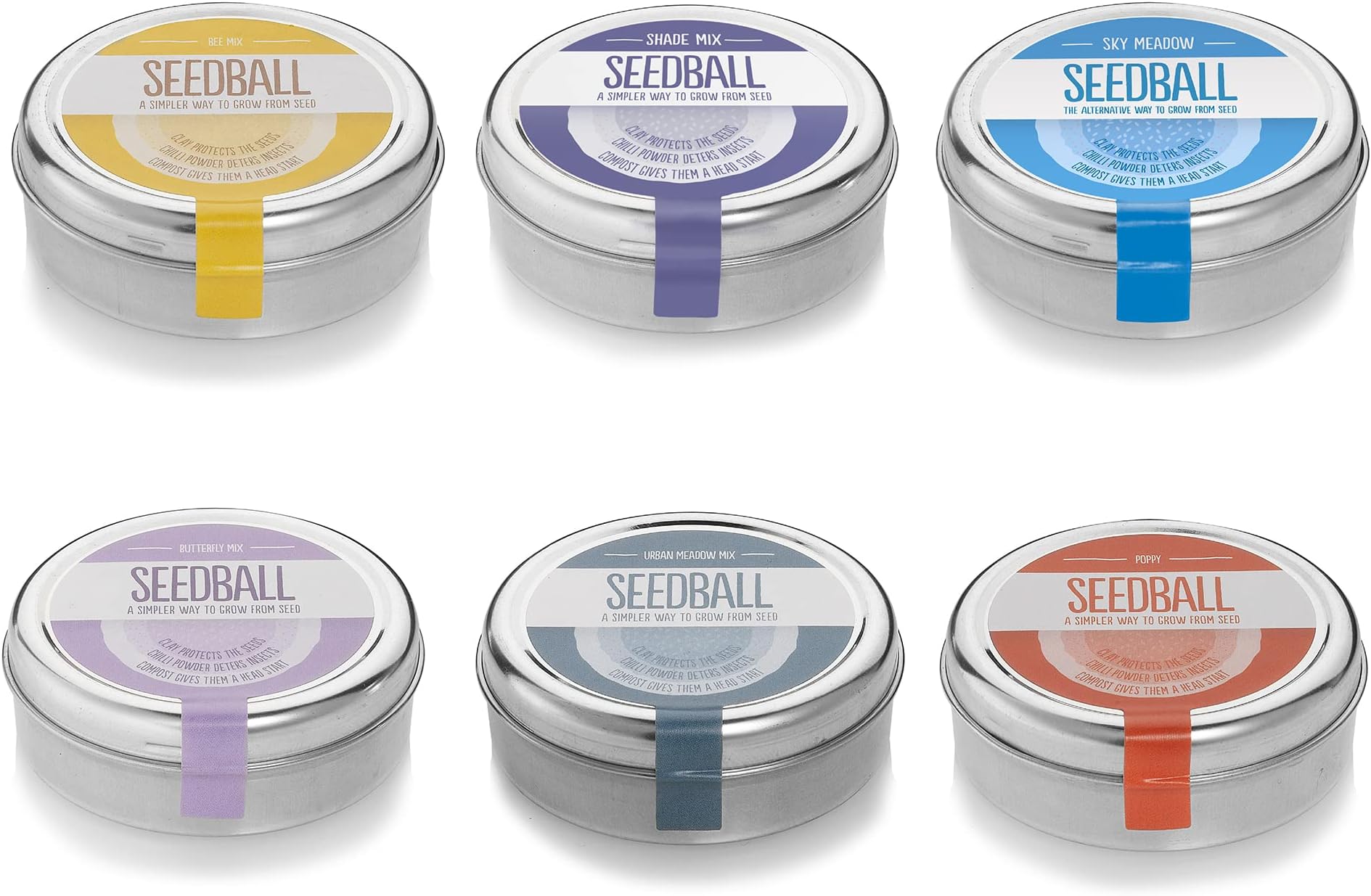 SEEDBALL Garden Seeds Gift Set of 6 x 20 British Wildflower Seed Balls per Tin Can | Seed Bombs for Bees & Wildlife Lovers – Set Includes Poppy, Sky Meadow, Urban Meadow, Bee, Butterfly, & Shade Mix