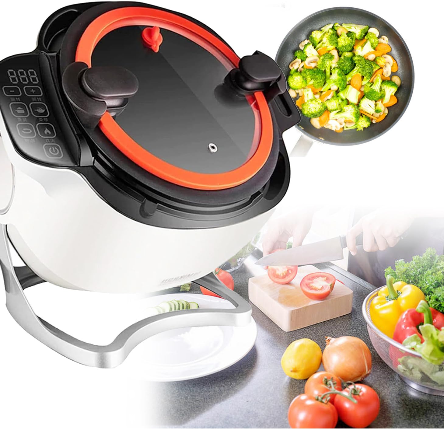 Procesador de Alimentos Comercial de 2000 W, MáQuina CoccióN AutomáTica Inteligente 6 L, Robot Cocina con Panel TáCtil, RotacióN 360° y Calentamiento Integral 3D, Para Saltear, Cocinar y Hacer Sopa