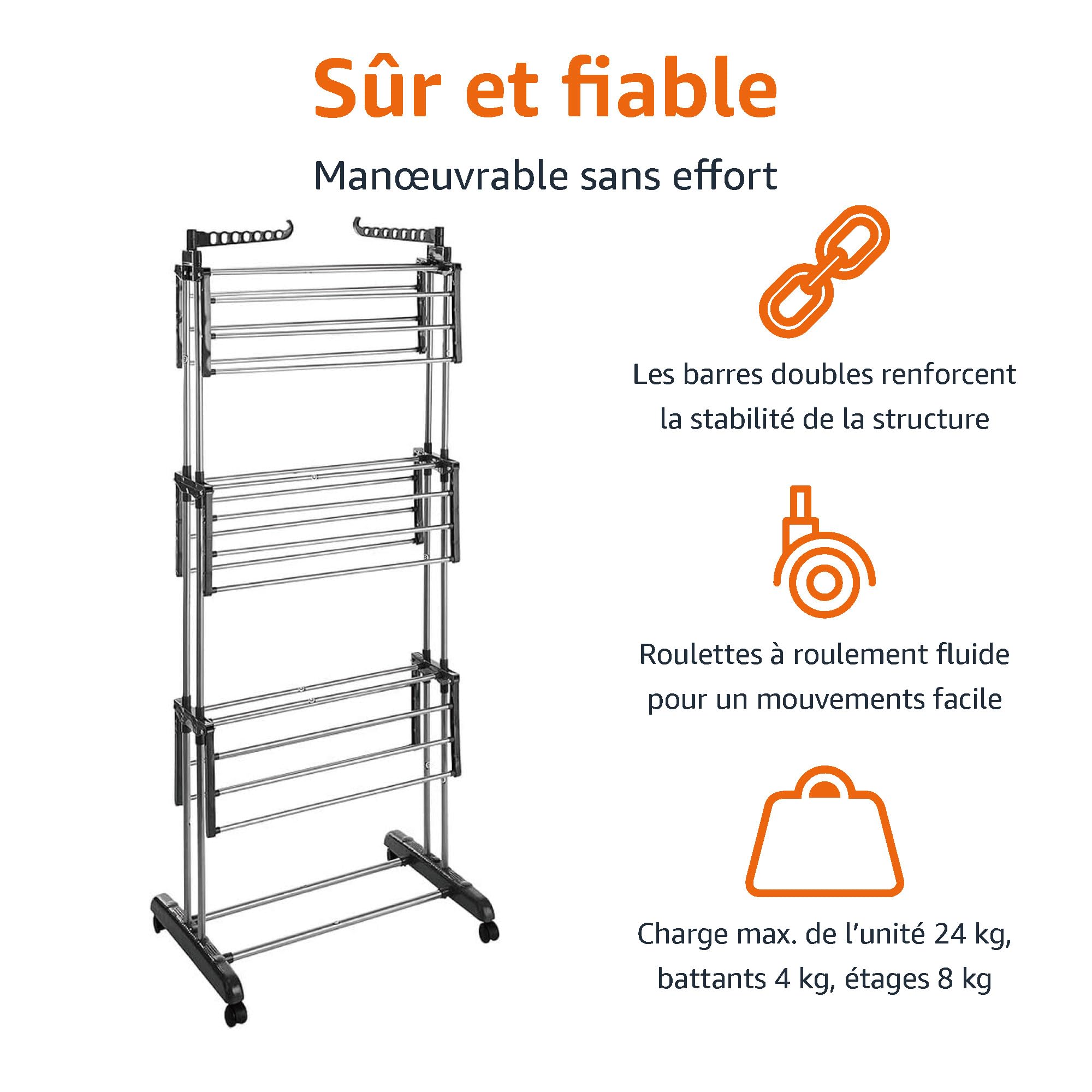 Amazon Basics Séchoir à Linge Intérieur, à Ailes Pliables, à 4 Niveaux, 72,9 à 126 x 64 x 173 cm (L x L x H), Argenté, pour Vêtements