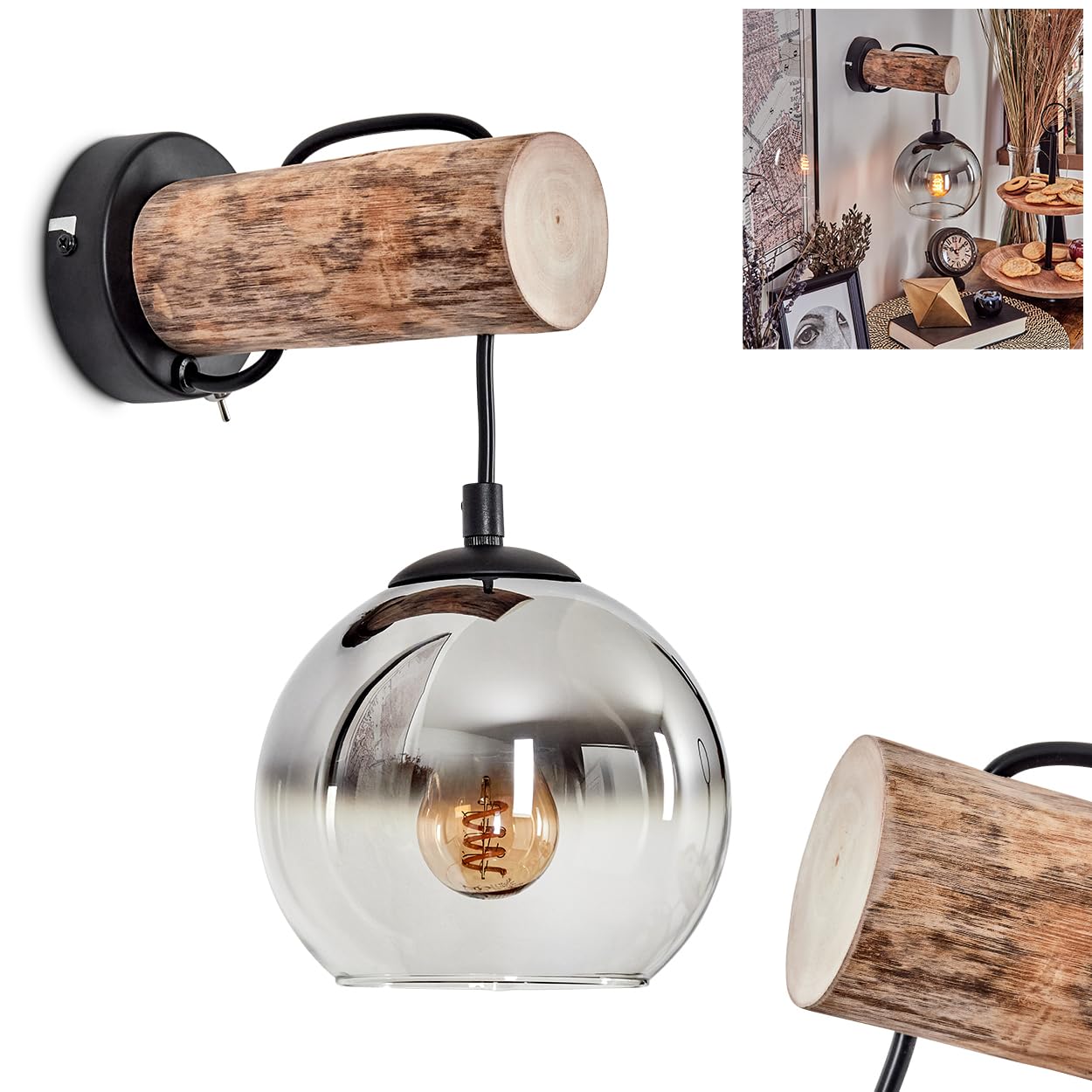 Wandleuchte Koyoto, Wandlampe aus Metall/Holz/Glas in Schwarz/Natur/Chrom/Klar, Leuchte im Retro/Vintage-Design mit Schirm aus Glas (Ø 15 cm) u. An/-Auschalter am Gehäuse, 1 x E27, ohne Leuchtmittel
