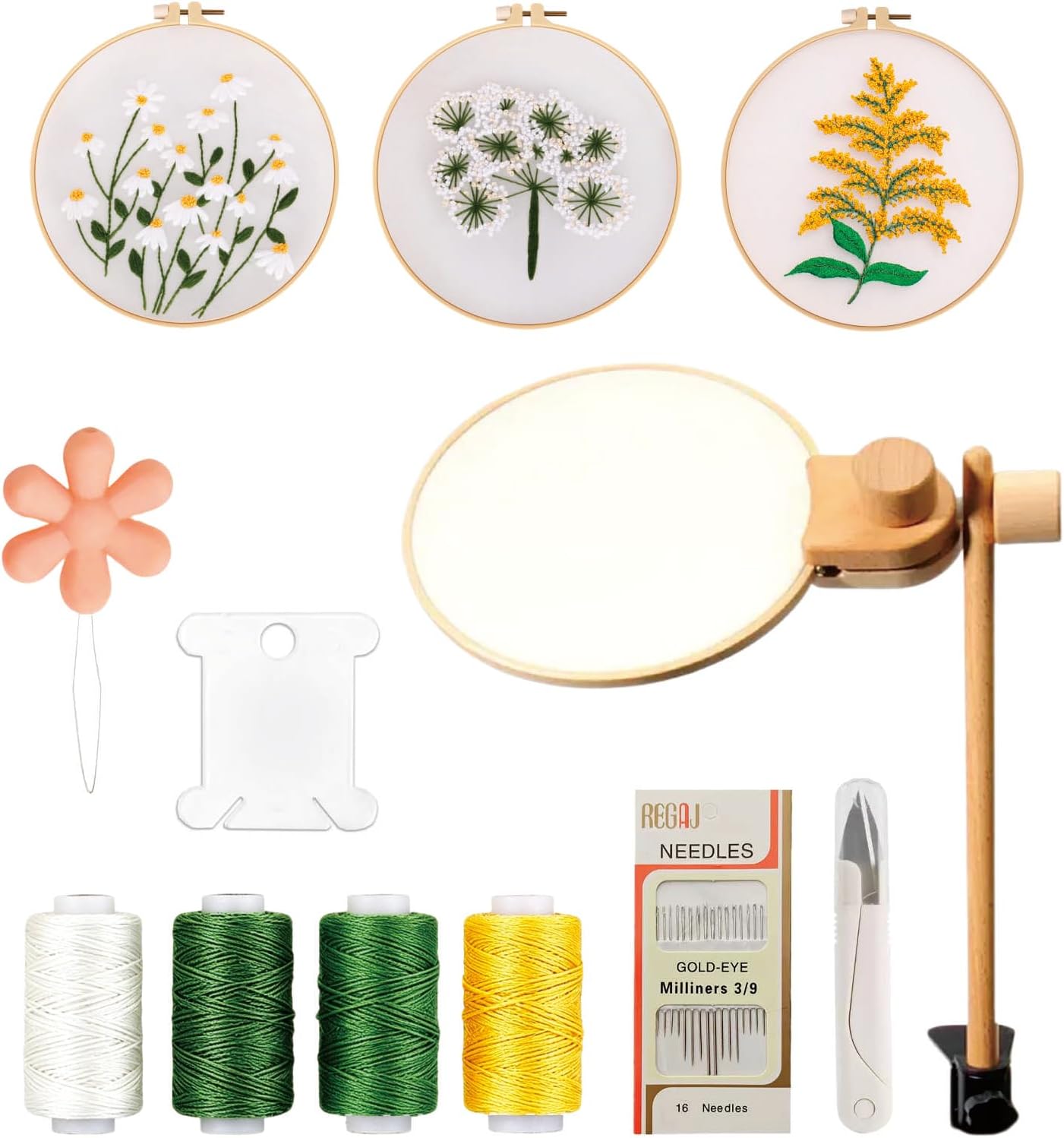 Wooden Adjustable Rotatable Embroidery Hoop Stand, No‑Assembly Holder with Inner Groove Anti‑Slip Design, Bonus Tools: Floral Patterns, Hoops, Scissors, Threader & Floss