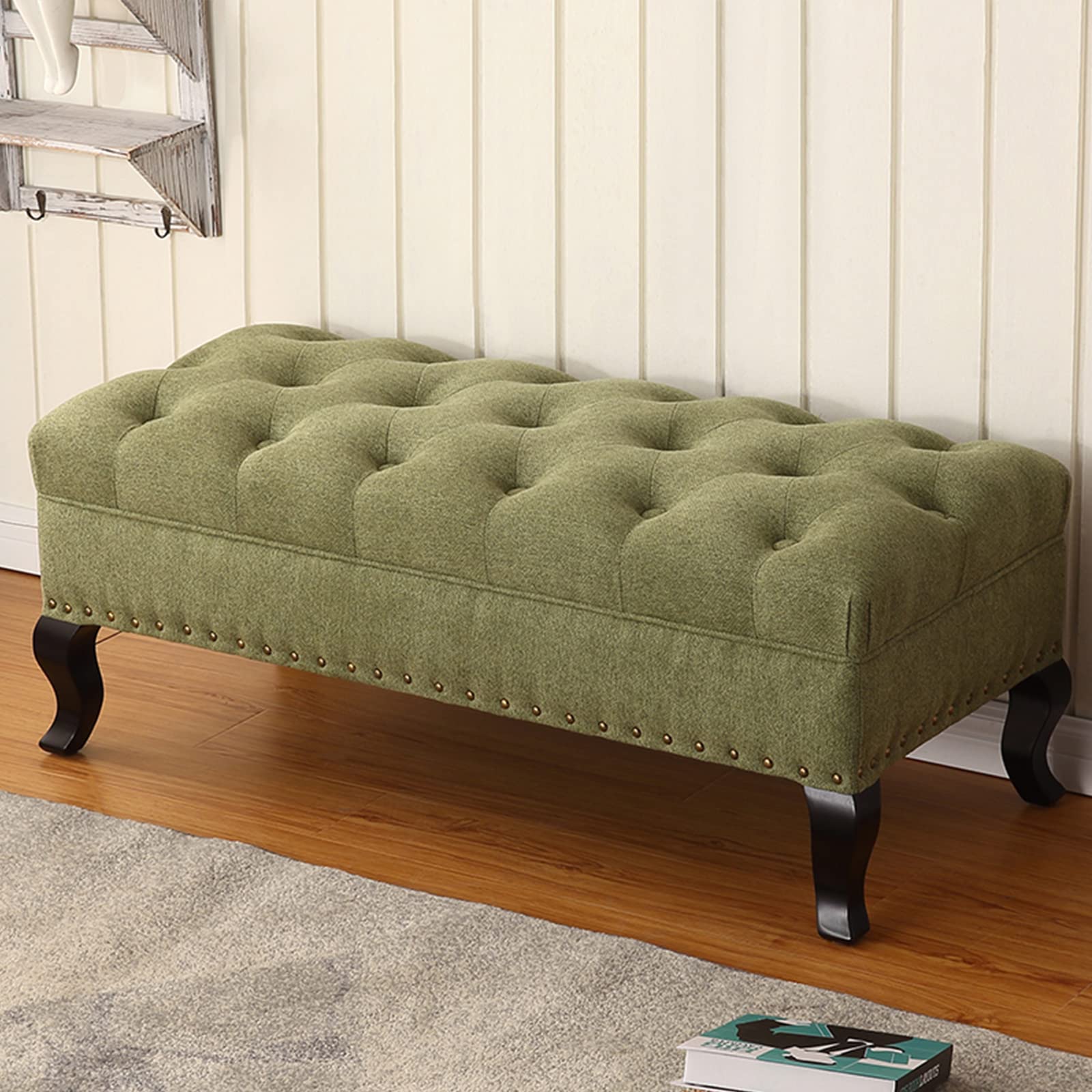 Banc ottoman en lin vert 80x45cm avec assise capitonnée et pieds en bois