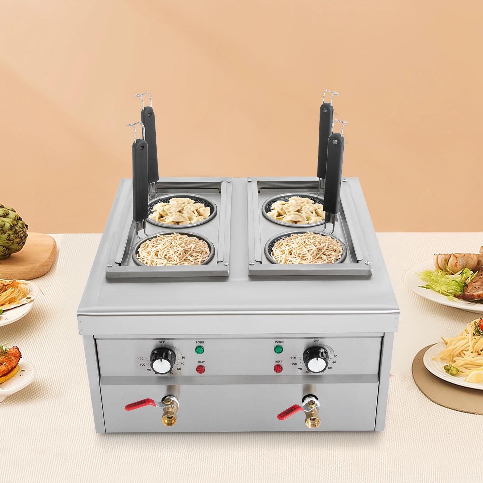 Casseruola per asparagi, fornello per pasta in acciaio inox, 220 V, fornello per pasta con 4 scomparti, pentole per pasta con 4 cestelli, 2 lavelli separati da 9 l, zona di riscaldamento 30-110 °C