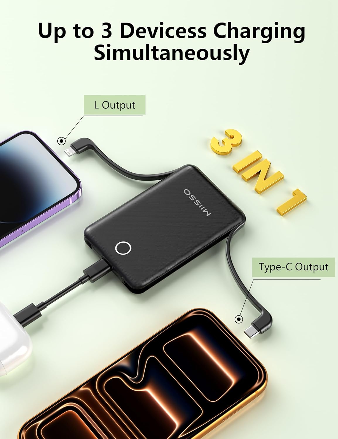 10000mAh Mini Portable Charger with Built in Cable, Pocket Size Power Bank Travel External Battery Pack for Phone, 3 Output USB Type C Cord Clutch Compatible with iPhone, Samsung, 2 Pack Black & White