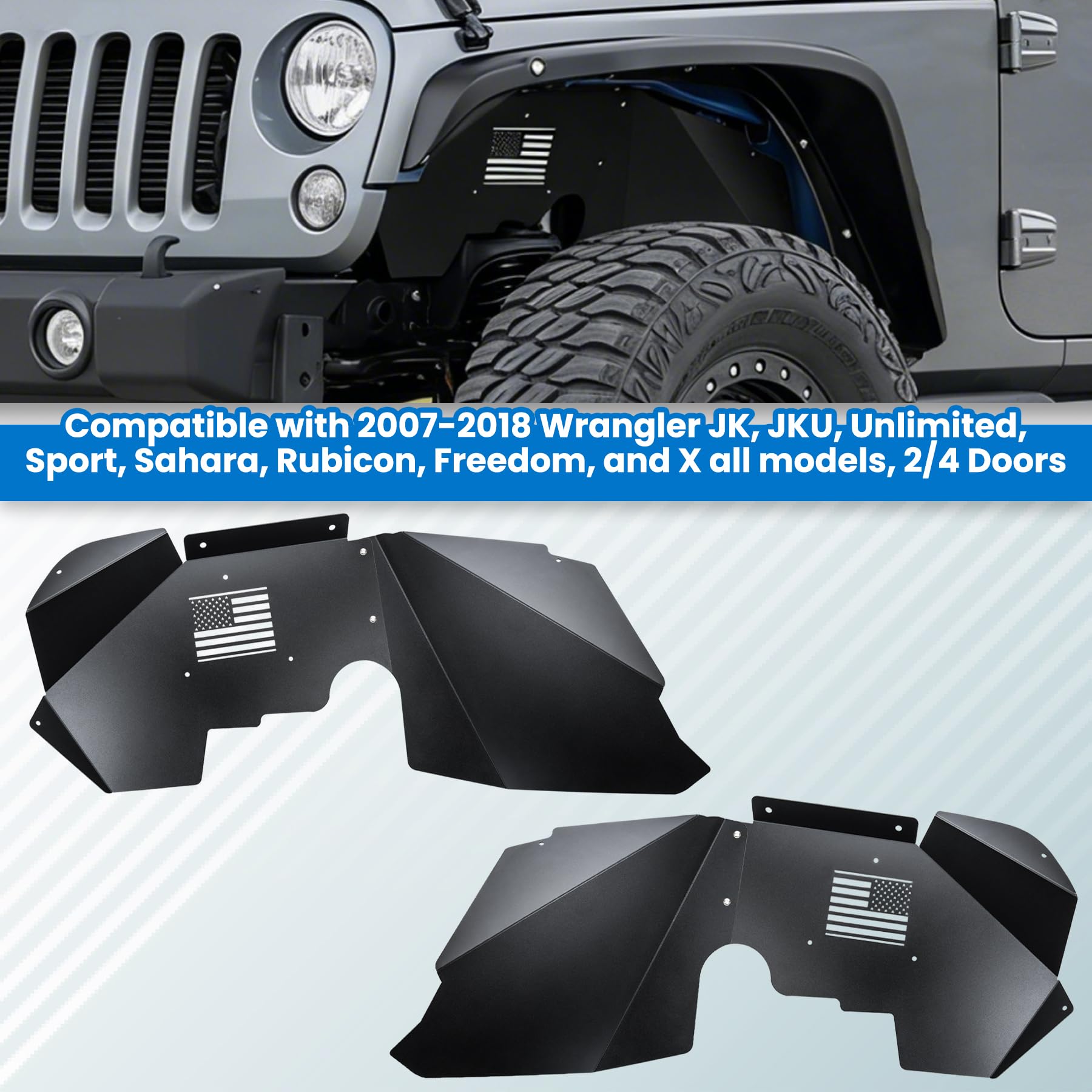 Parafango Anteriore In Alluminio Per Jeep Wrangler JK JKU 2007-2018 – Stile Bandiera USA, Antispruzzo - 3