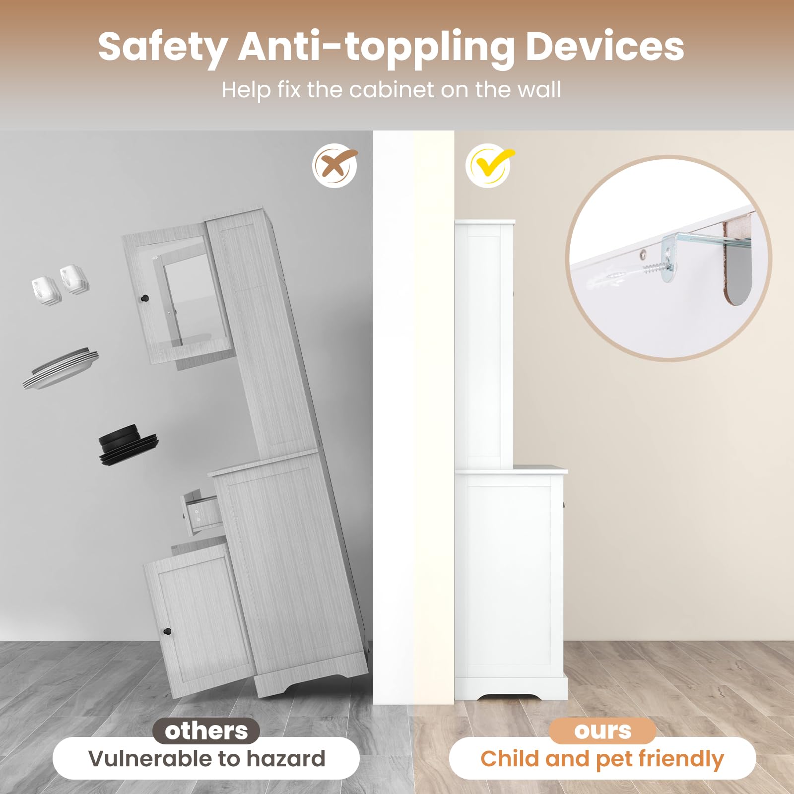 KOMFOTTEU Küchenschrank 170cm Weiß - Buffetschrank Mit Glas Tür & Verstellbaren Regalen