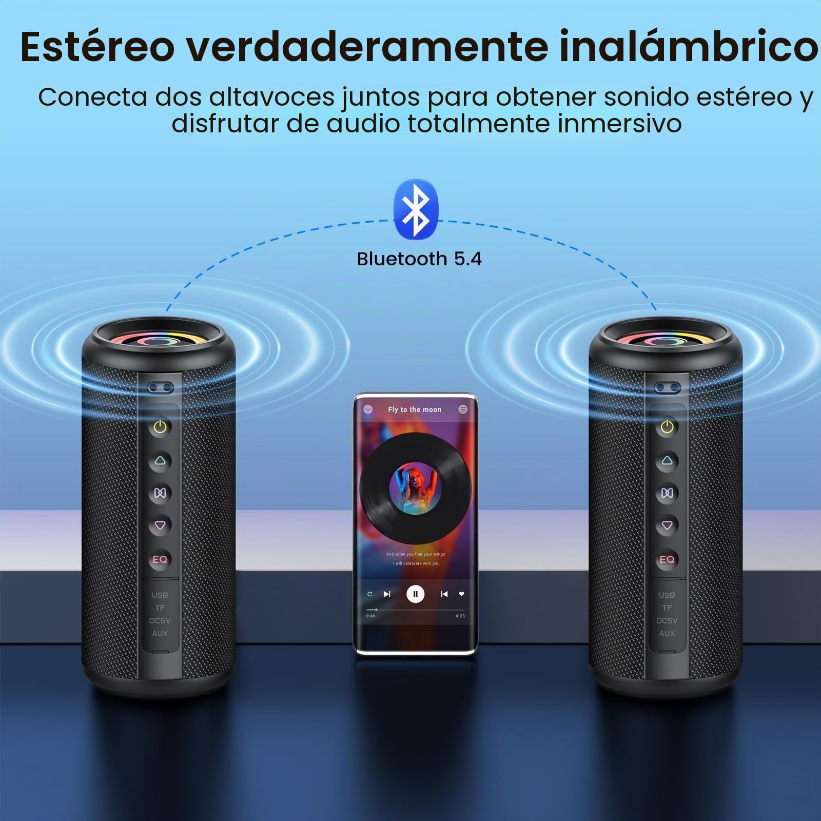 2026 Bluetooth Altavoz Portatil Potente con EQ Modos,Grey, RGB Regulables, Reproducción Bluetooth Speaker con Emparejamiento TWS, Impermeable IPX7