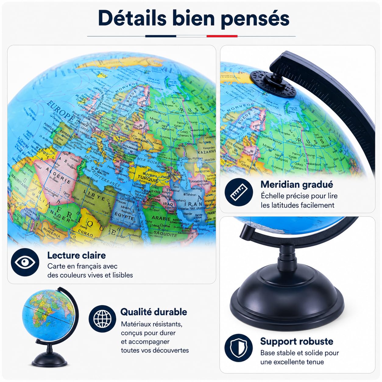 EXERZ Globe Terrestre 20cm Carte Française Pivotant Éducatif | Carte politique lisible avec base stable pour école maison bureau enfants étudiants et apprentissage géographie