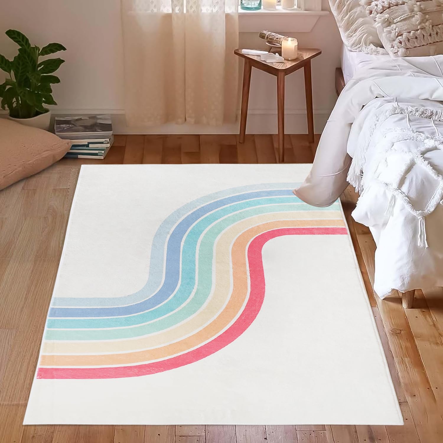 Poowe Rainbow Machine Washable Area Rugs-3'x5' for Living Room, Large Non-Slip Boho Kids Nursery Throw Rug Carpet for Bedroom Entryway Dining Room Office Rug Decor (Rainbow)
