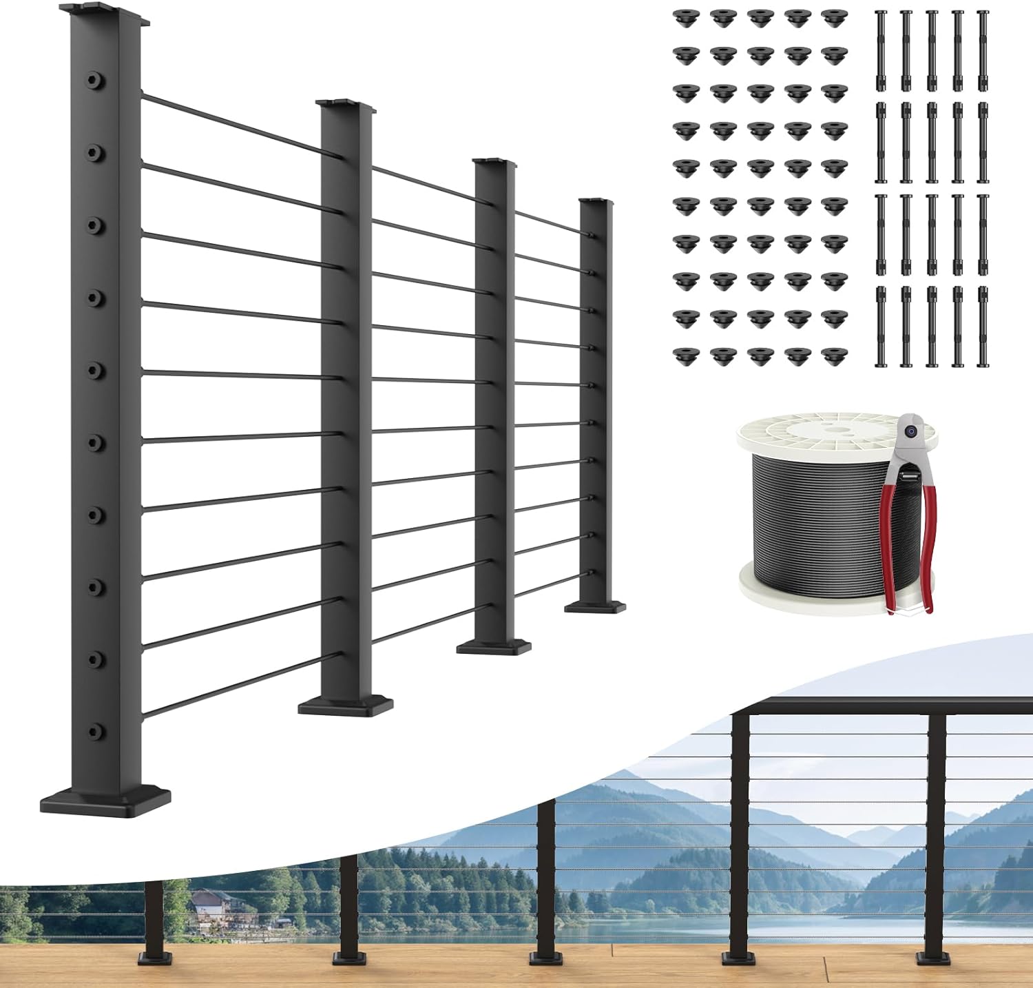 blika complete set 36" cable railing post kit(post 35"x2"x2"), black level drilled cable railing post, swageless deck railing system kit include 4pack level posts,1/8" stainless cable(no handrail) 35"x2"x2" 4 level post kit