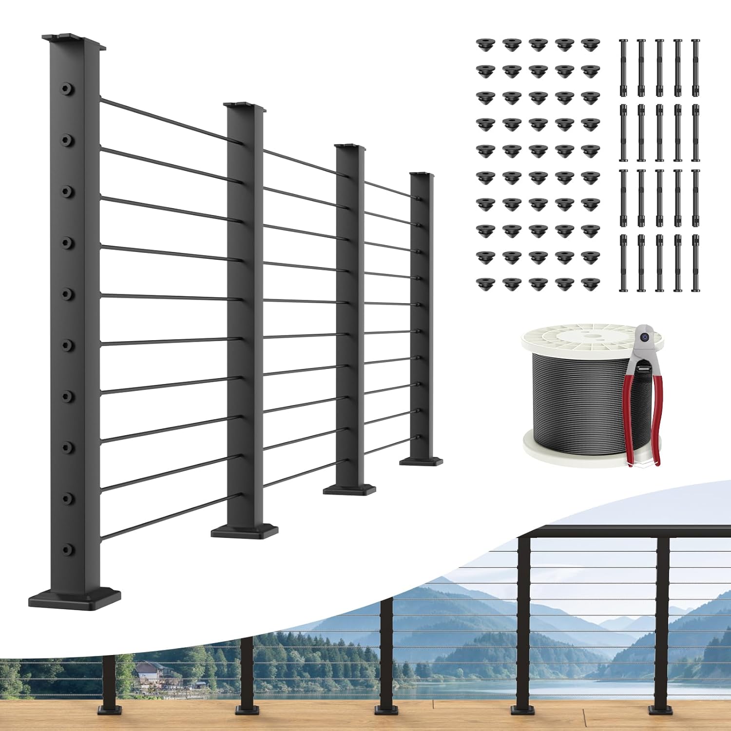 BLIKA 36" Black Swageless Cable Railing Kit - 4 Level Drilled Posts, 300FT 1/8" T316 SS Cable, DIY Deck Stair Railing System