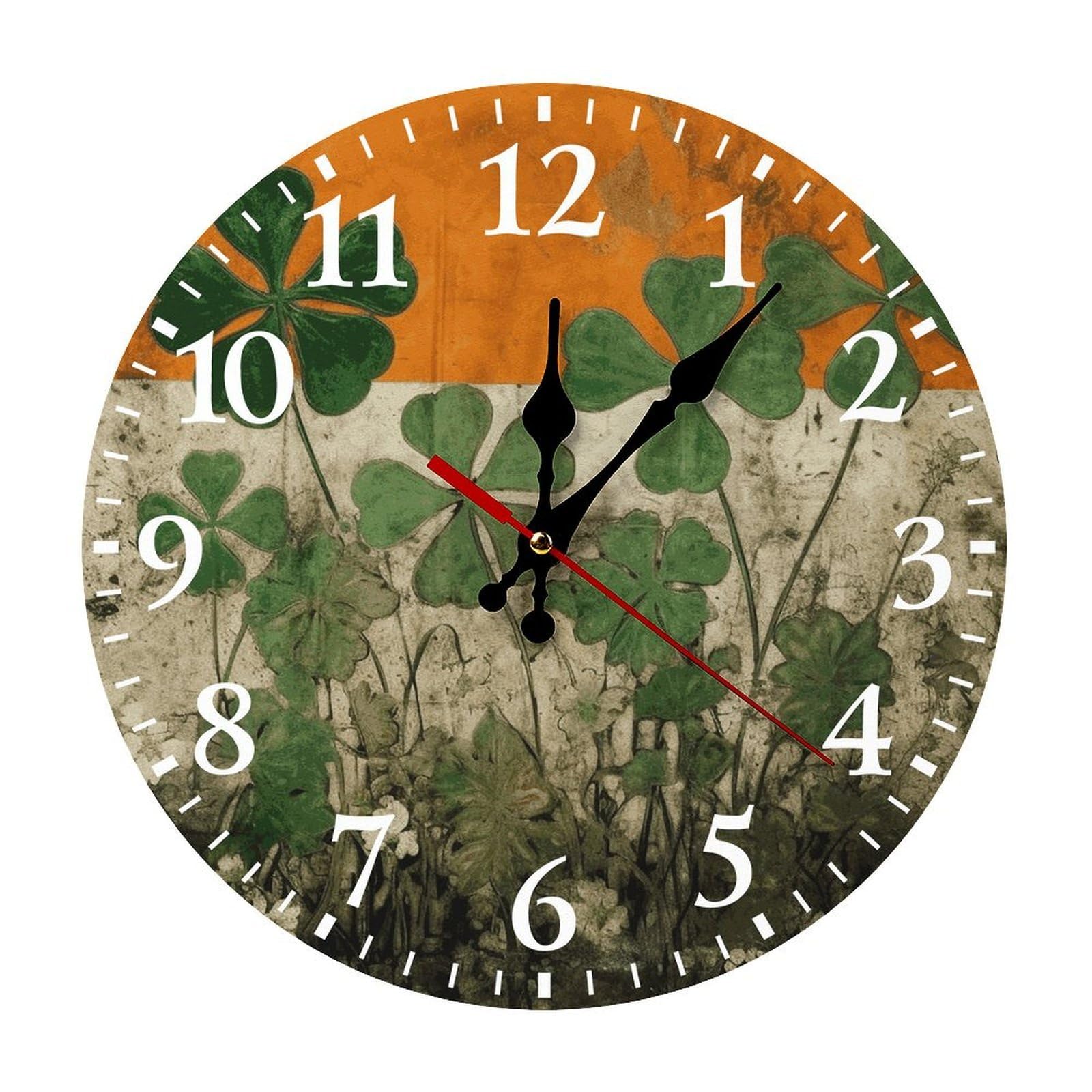 NTVOWPZO 10 Inch Wall Clock Clover on Flag Background Battery Operated Wall Clocks Silent Non-Ticking Round Wall Clock for Living Room Kitchen Home Office Wall Decorative Clock