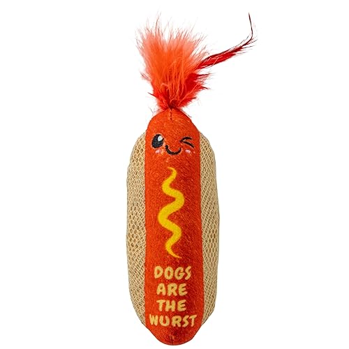 Catstages Hotdog Kicker Toy with Catnip and Dental Mesh, Hot Dog Shape, Plush and Feather Cat Toy for Kicking, Tossing, and Teeth Cleaning, Brown - Hot Dog Kicker - One-Size