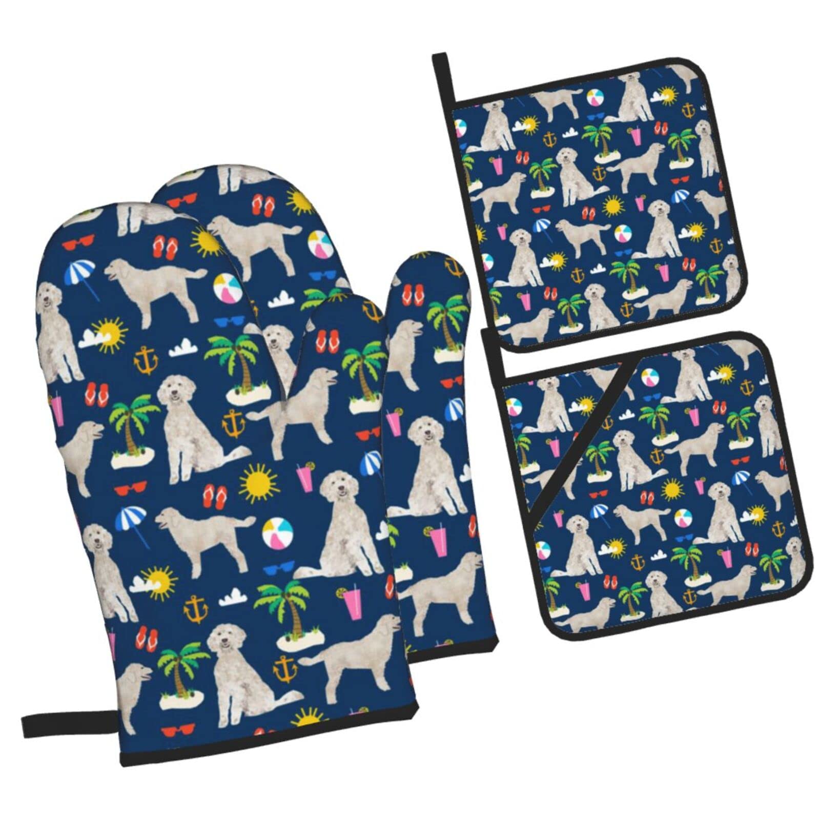 Goldendoodle Dog Beach Puppy Oven Mitts and Pot Holders Sets, Christmas Oven Mitt Kitchen Heat Resistant Non-Slip Pot Holders Set for Cooking Baking BBQ