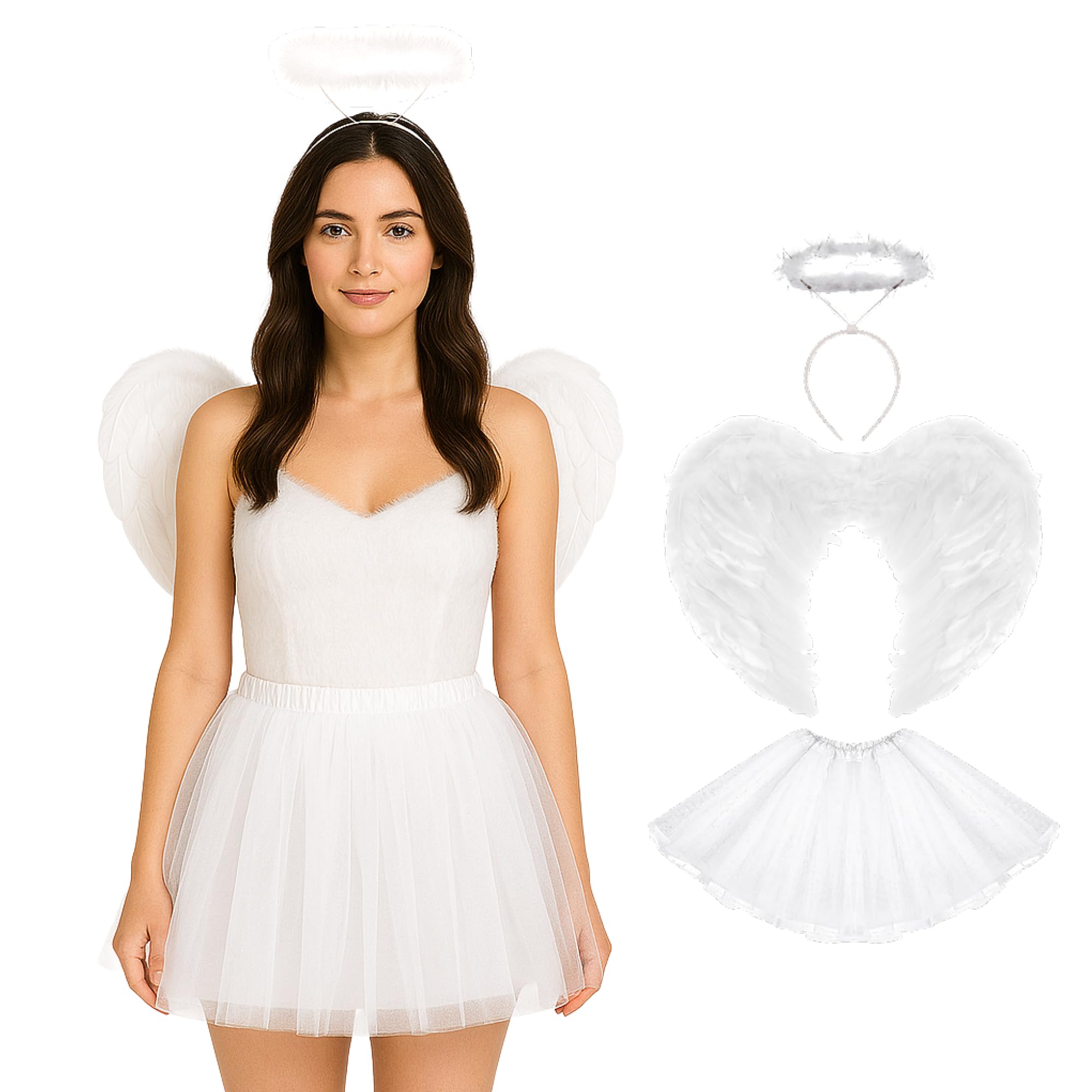 Lizzy Adult Fairy Angel Costume | Women’s Fancy Dress Outfit with Halo, Feather Wings & Tutu Skirt | Ladies Halloween, Christmas, Carnival & Party Costume Accessories (White Angel)