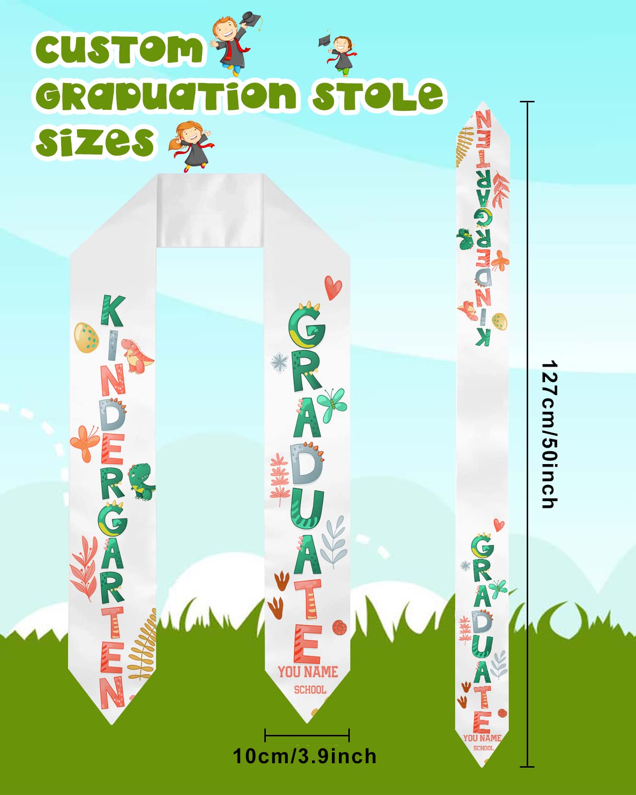 Preschool Graduation Stole Personalized Graduation Sash 2024,Kids Graduate Sash Cartoon Dinosaur White Graduation Scarf,Custom Honor Graduation Stole Class of 2024 Congratulations Sash with Name