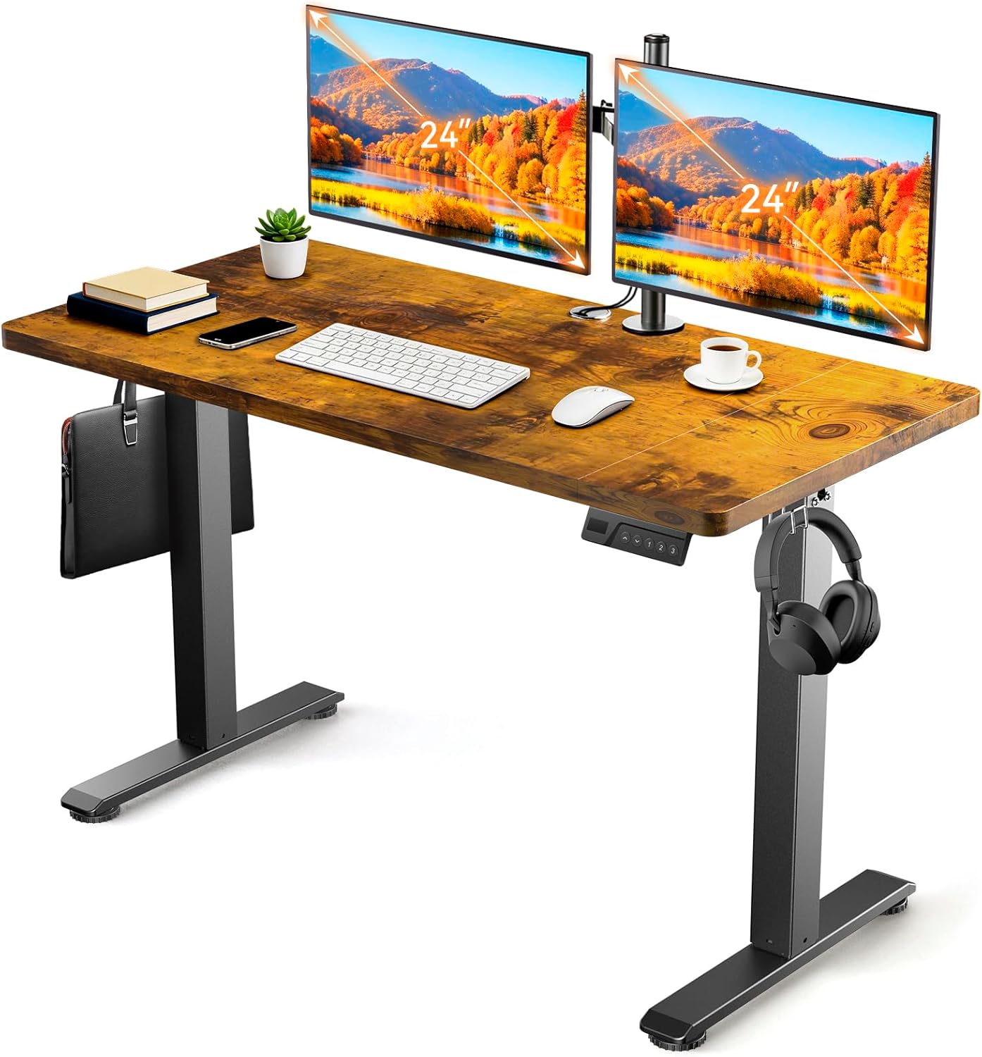 Height Adjustable Electric Standing Desk, 48 x 24 Inches Sit Stand up Desk, Memory Computer Home Office Gaming Desk with 3 Preset Heights, cable management box,2 Hooks & 5 Velcro Cable Tie, Brown