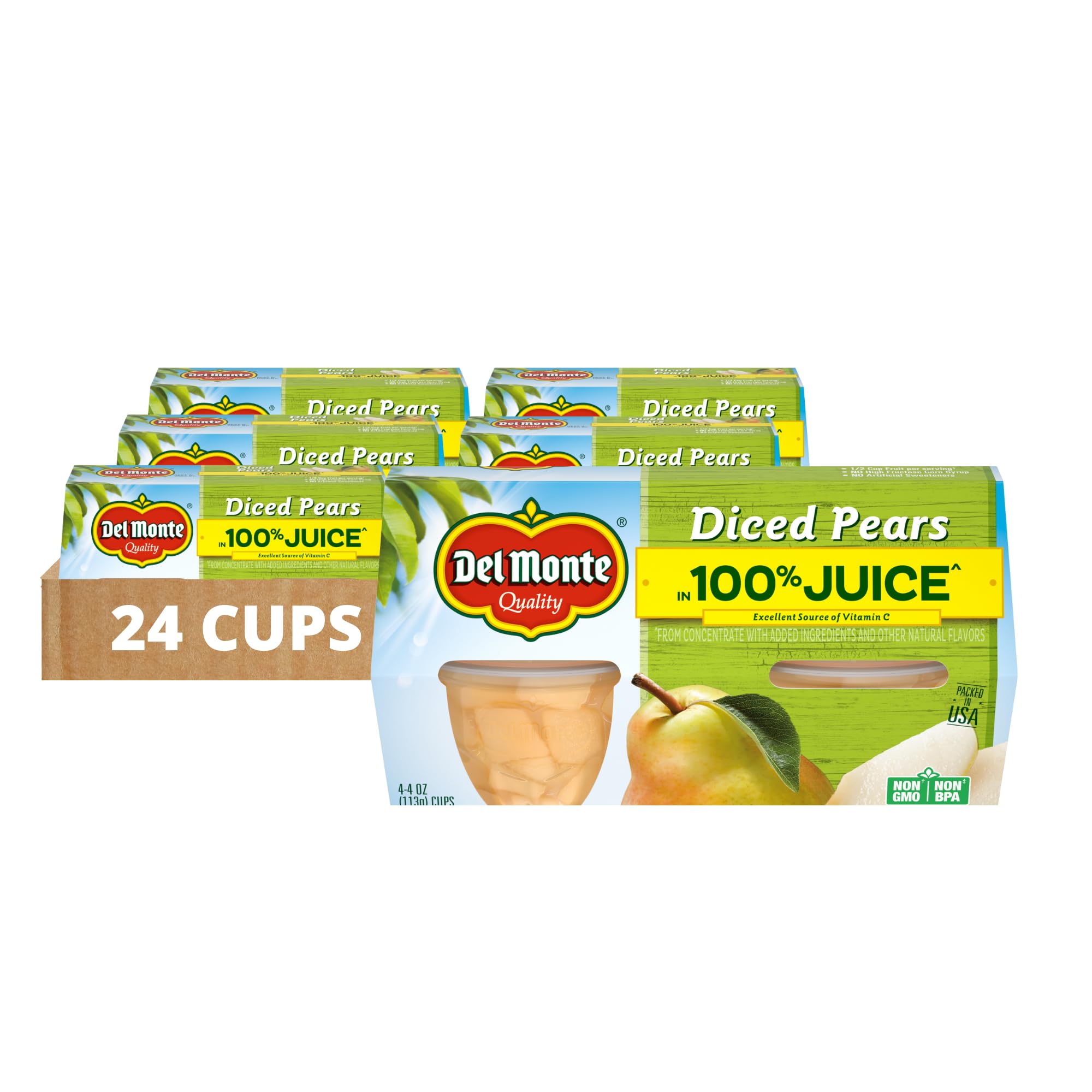 Diced Pears Fruit Cups in 100% Juice, 4 oz Cups, Pack of 24
