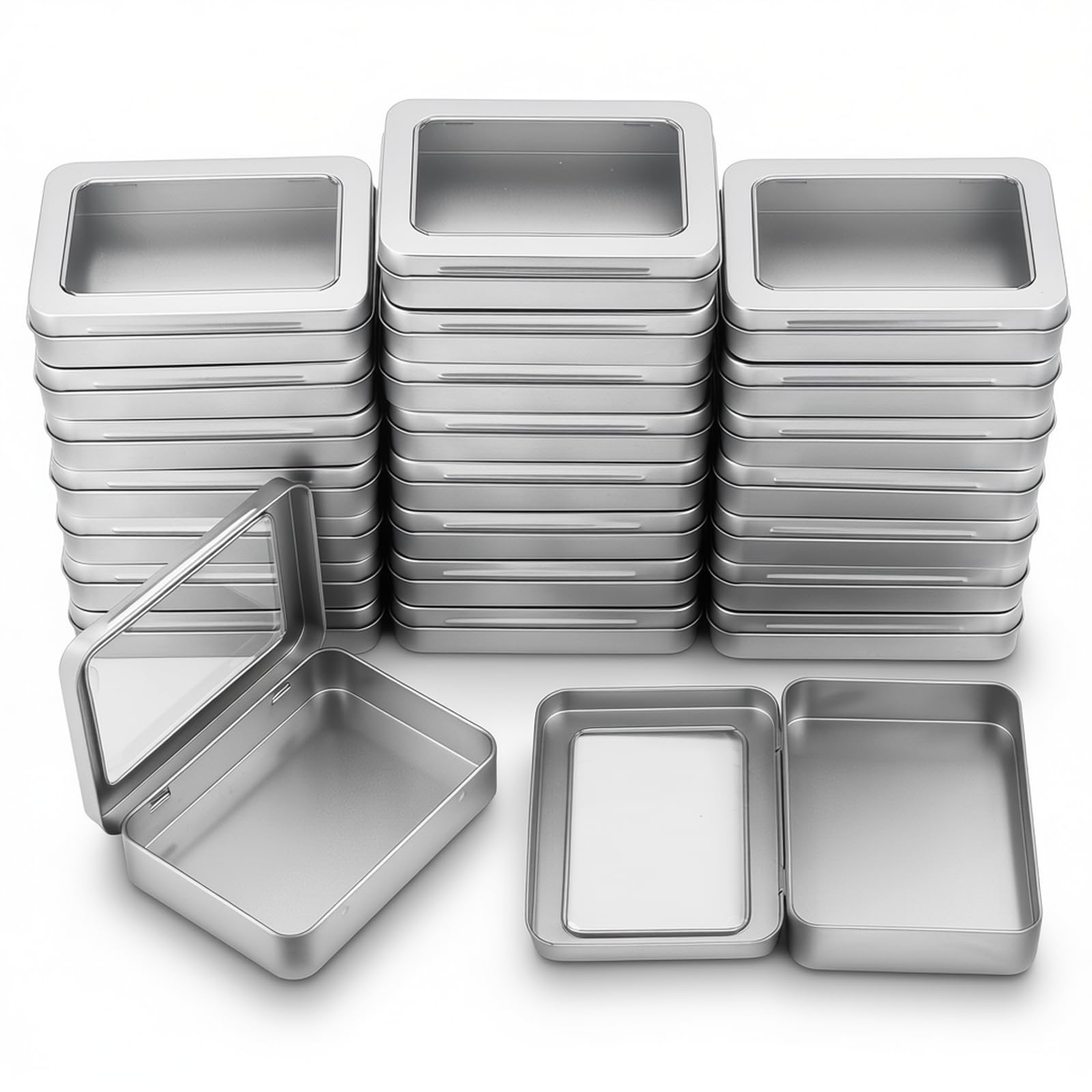 24 Pack Empty Rectangular Metal Storage Organizer Tins with Clear Window Hinged Lids for Small Items and Other Craft Projects (Silver, 4.5 x 3.3 x 0.87 inches)