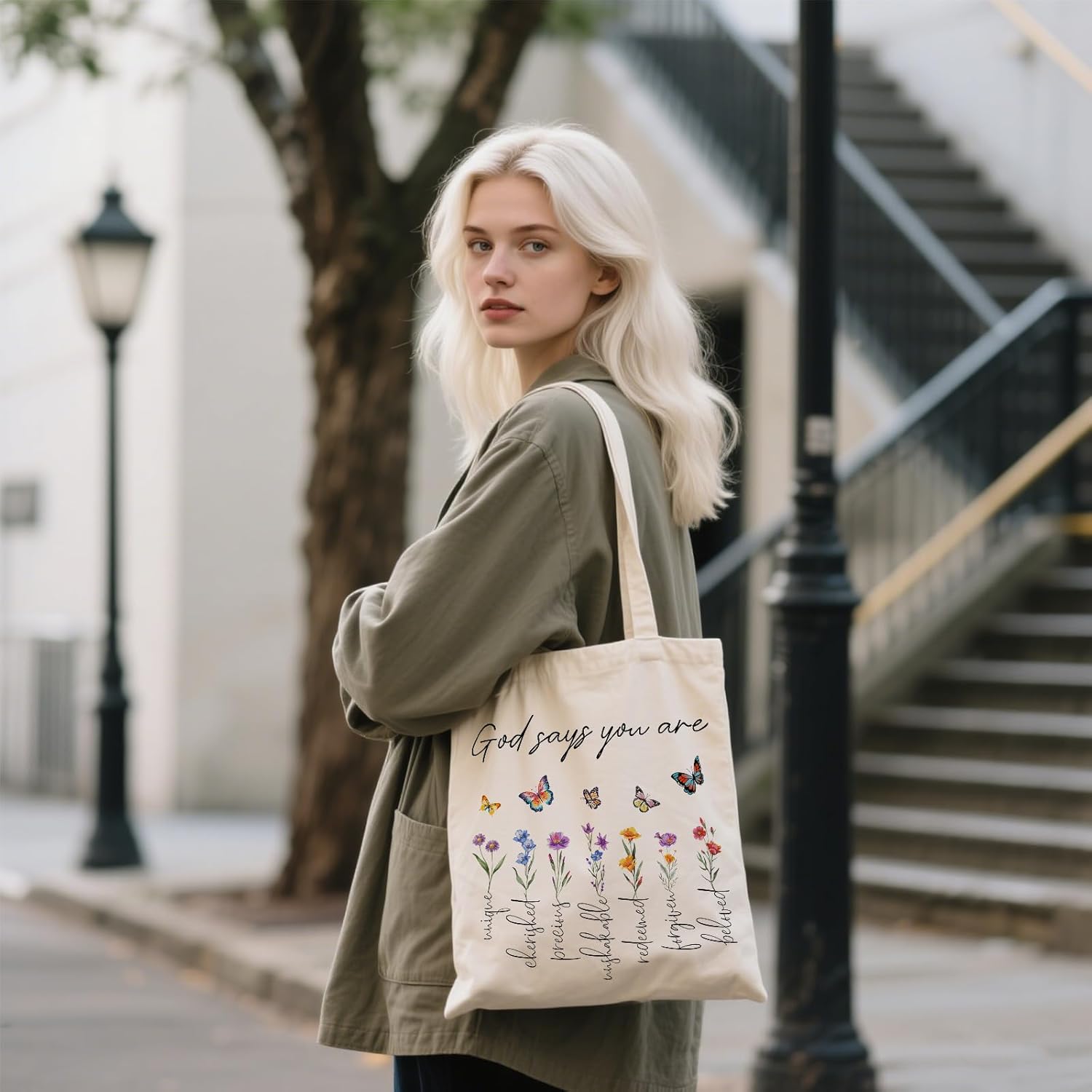 Aesthetic Canvas Tote Bag for Women - with Magnetic Snap Closure & Zipper Inner Pocket Reusable Bag for Shopping - Image 8