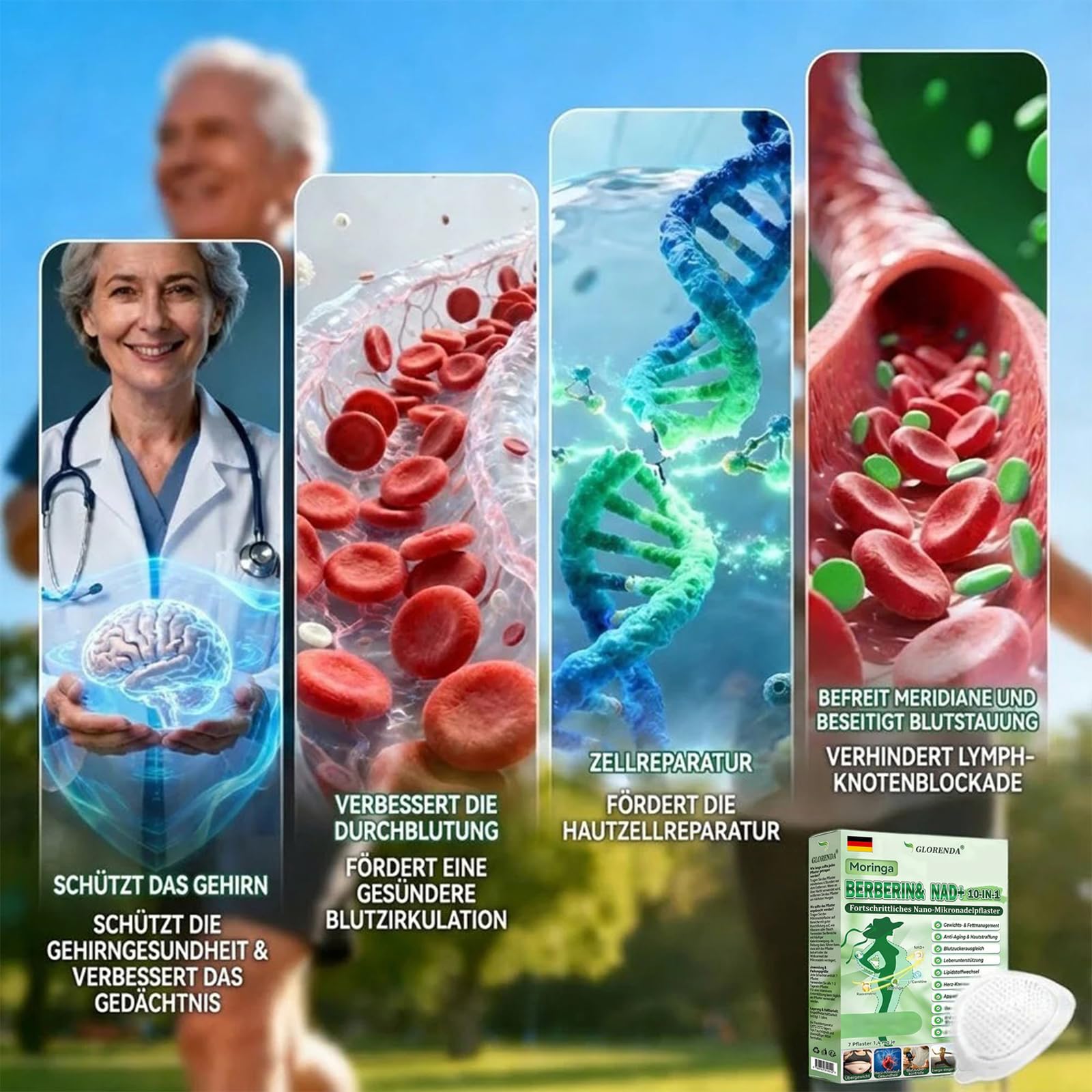 GLORENDA Moringa NAD+ 10-in-1 Nano Patch, 2026 Neu Abnehmpflaster, GLORENDA Moringa Pflaster, Natürliche Nano-Mikronadelpfaster, für Männer und Frauen (4 Stück)