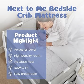 Royale Linens Next 2 Me Bedside Crib Mattress, Super Soft & Extra Thick 5cm Deep Foam Mattress, Breathable Quilted White Polyester Cover, Standard Crib Size (83 x 50 x 5cm), Firm