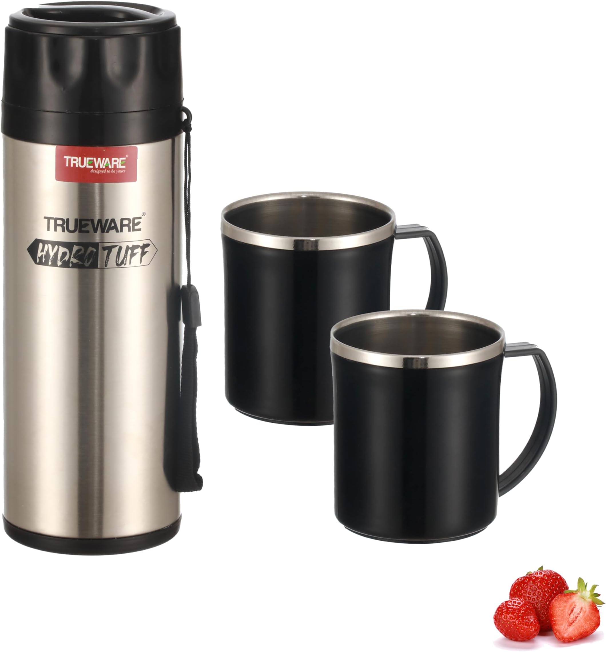Trueware Classic SS Flask 500 Ml & 2 Tea/Coffee Mug | Insulated Mug | Thermosteel Hot or Cold Insulated Flask | Leak Proof | Rust Proof | Tea Mug | Soup Flask | Juice Mug | Water Flask | Easy Grip