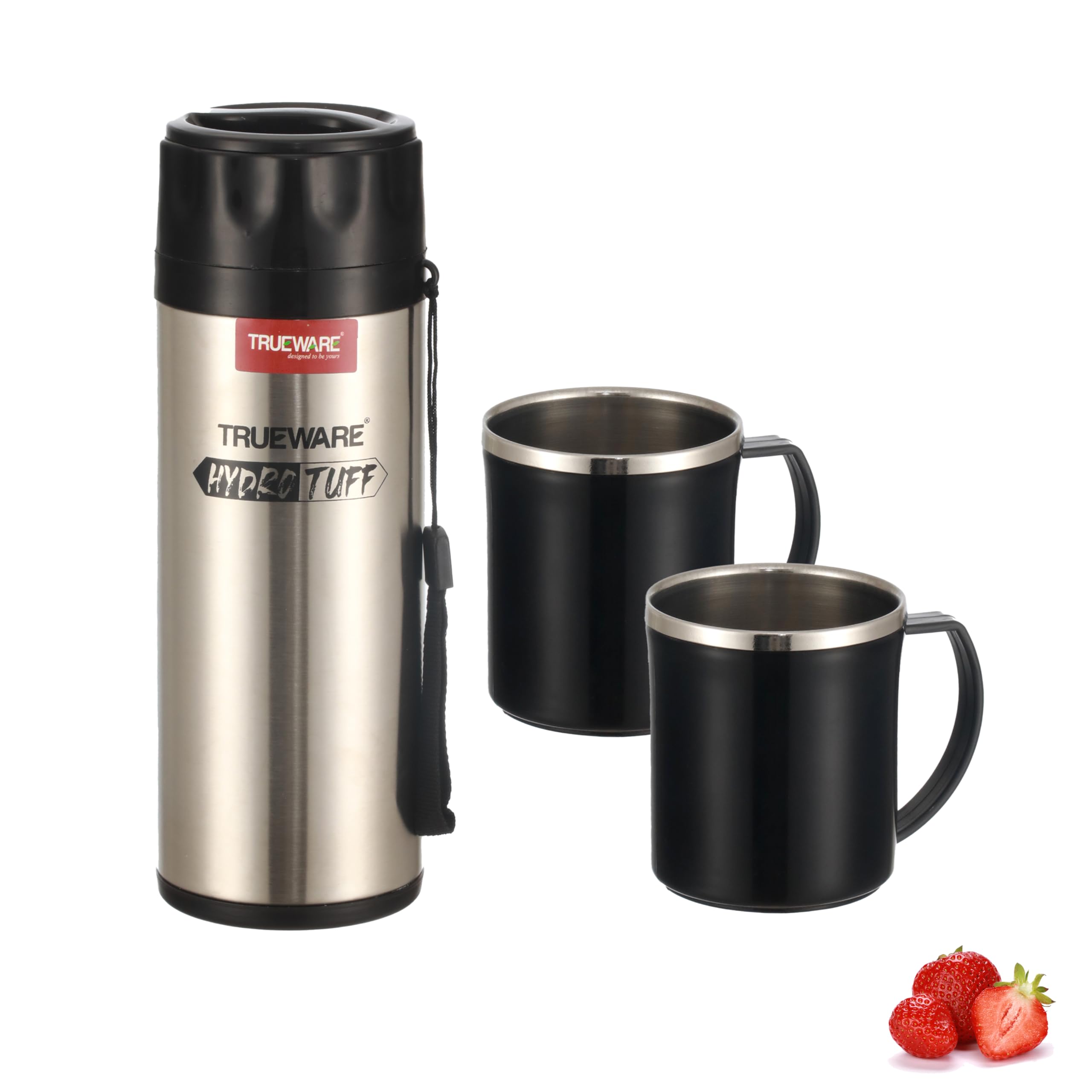 Trueware Classic SS Flask 500 Ml & 2 Tea/Coffee Mug | Insulated Mug | Thermosteel Hot or Cold Insulated Flask | Leak Proof | Rust Proof | Tea Mug | Soup Flask | Juice Mug | Water Flask | Easy Grip