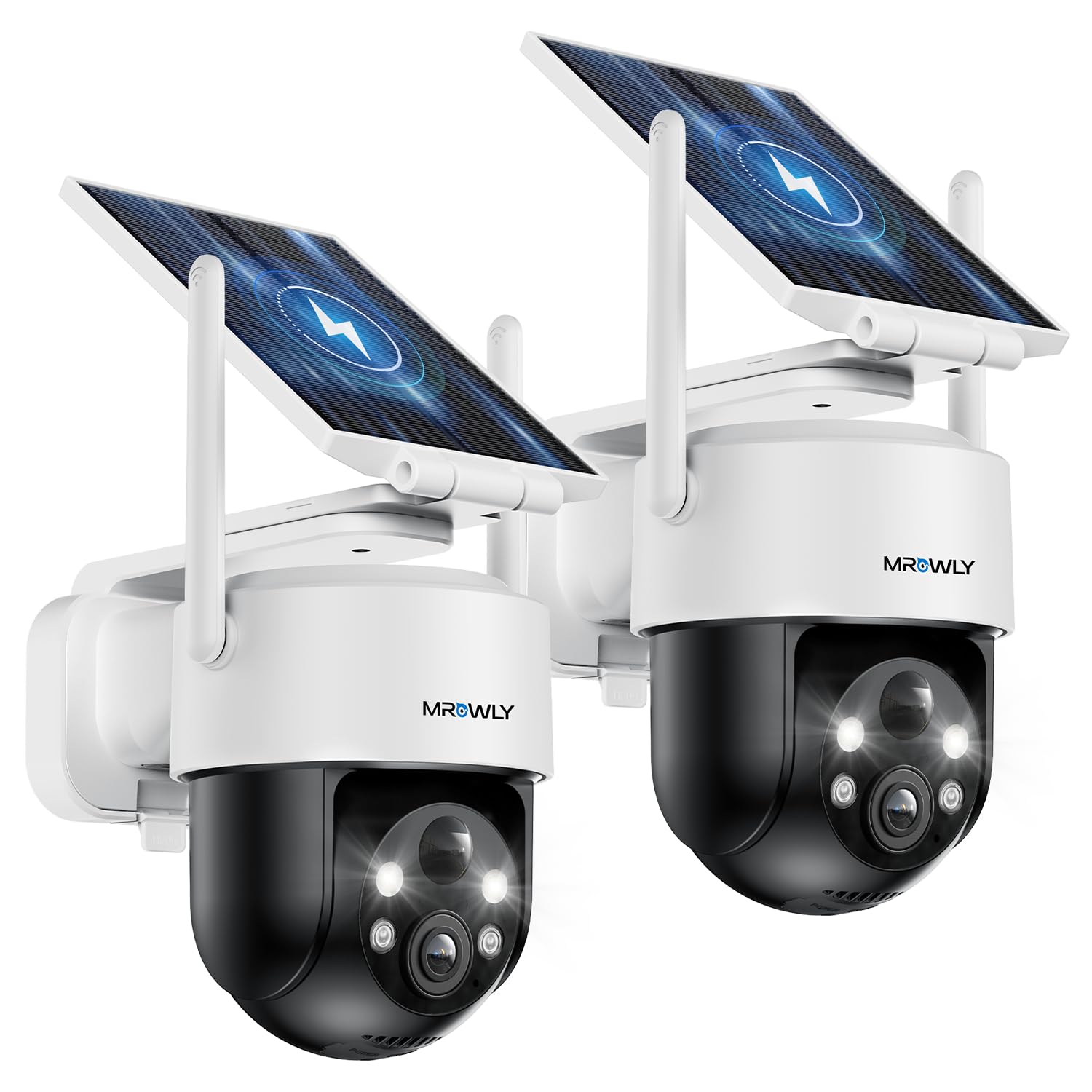 2PCS Mrowly 2K Camara Vigilancia WiFi Exterior Solar, Camara de Vigilancia con Batería Recargable, 3MP Vision Nocturna Color, 360°PTZ, Detección de Movimiento PIR, 2.4GHz, IP65