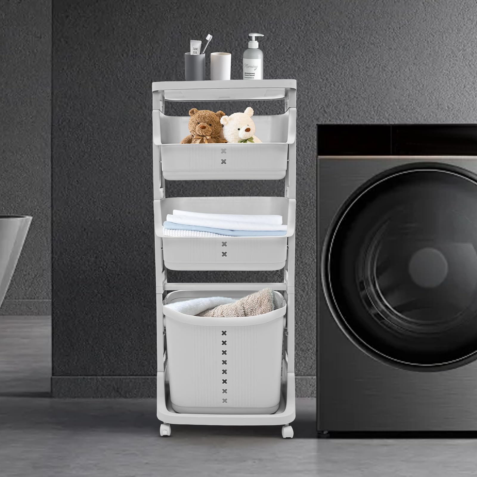 Wäschekorb auf Rollen, 4 Fächer Wäschebox Wäschesammler Wäschekorb für Wohnzimmer Schlafzimmer Waschküche Bad (Grau, 4 Etagen)