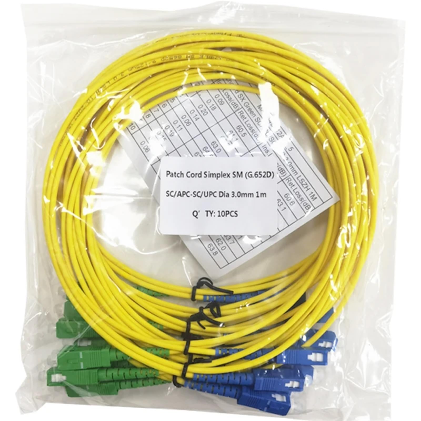 20 szt. G657D kabel światłowodowy 3,0 mm, SC na SC UPC, jednomodowy, Simplex, kabel krosowy żółty, 3 m