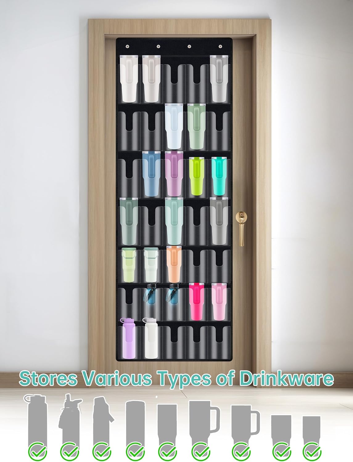 NiHome 35-Pocket Large Capacity Door Cup Organizer for Stanley Tumblers 30oz, 40oz, Door Hanging Water Bottle Storage with Double-Sided Tape Stabilizer, Waterproof Oxford Fabric, Transparent, BPA-Free - Image 2