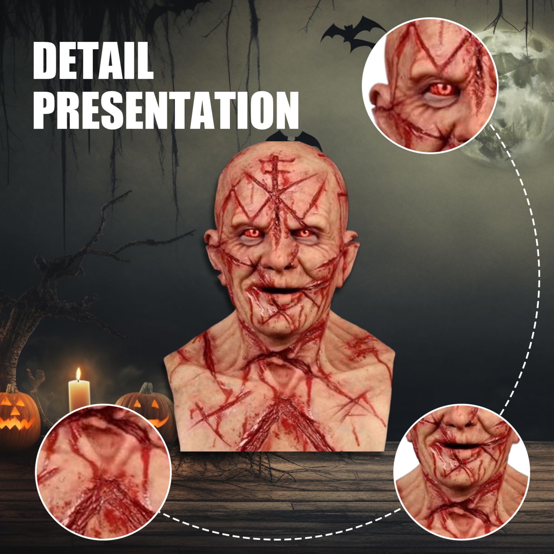 Maschera realistica per testa calva in lattice, maschera horror di Halloween con cicatrici sanguinanti e fori di ventilazione