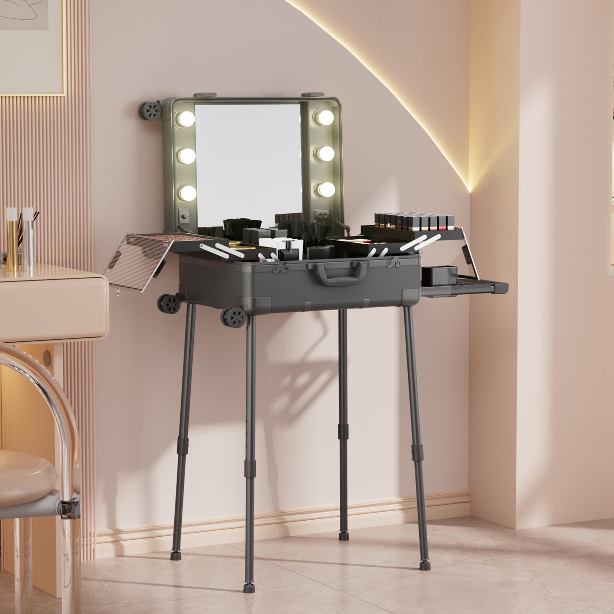 Valigia per il trucco con ruote in alluminio, grande specchio con 6 lampadine, organizzazione di cosmetici con serratura a codice, stazione per trousse trucco pieghevole per viaggio e studio