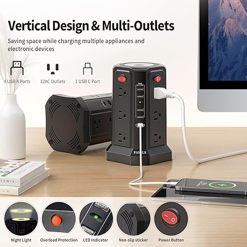 Miniatura 8 de Regleta de alimentación con protector de sobretensiones con cable de 10 pies 1625 W  13 A, torre de alimentación con 5 puertos USB y luz nocturna,