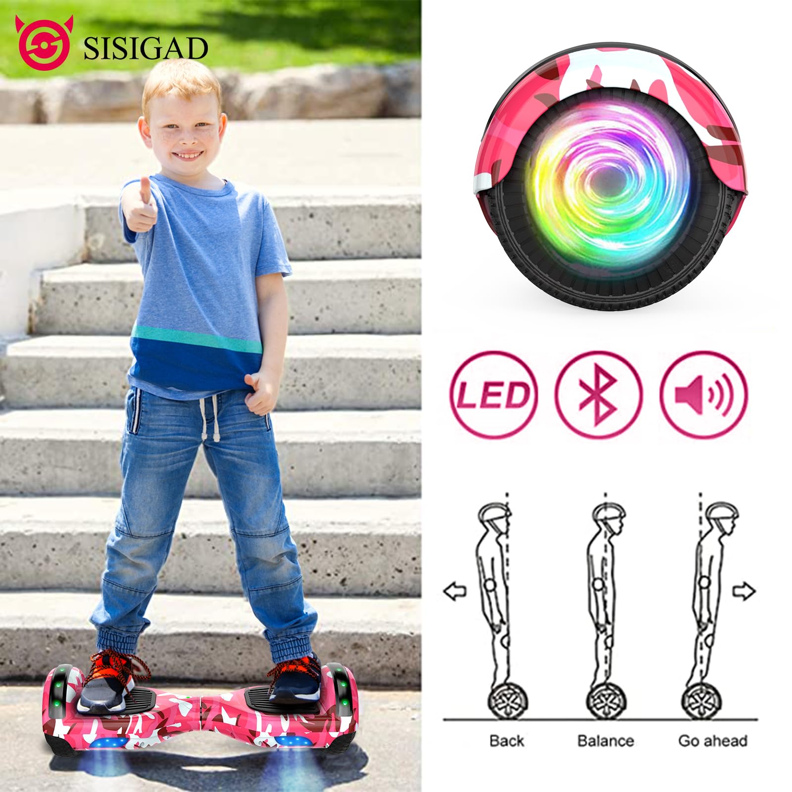 SISIGAD Hoverboard Go Kart Seat 16,5 cm Hoverboard avec lumières LED et haut-parleur Bluetooth, ensemble hoverboard Go Kart pour enfants, garçons et filles